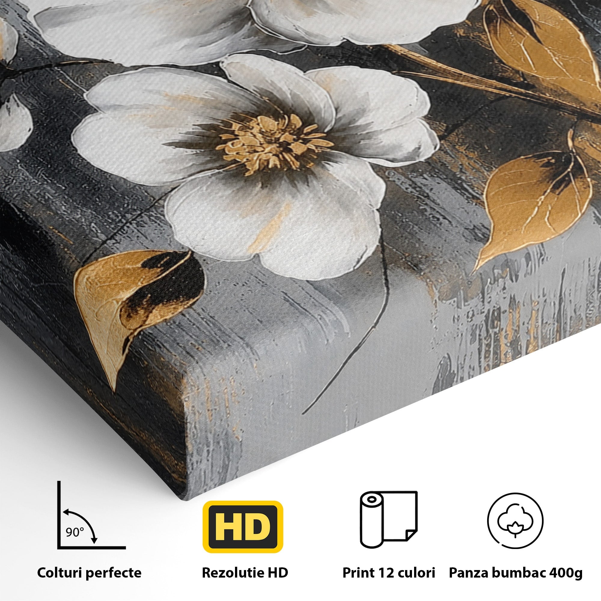 Tablou Canvas Premium LuxCanva® A1852, Flori Aurii Pe Fundal Gri, Flori, Auriu, Gri, Living, Dormitor, Culori Vibrante