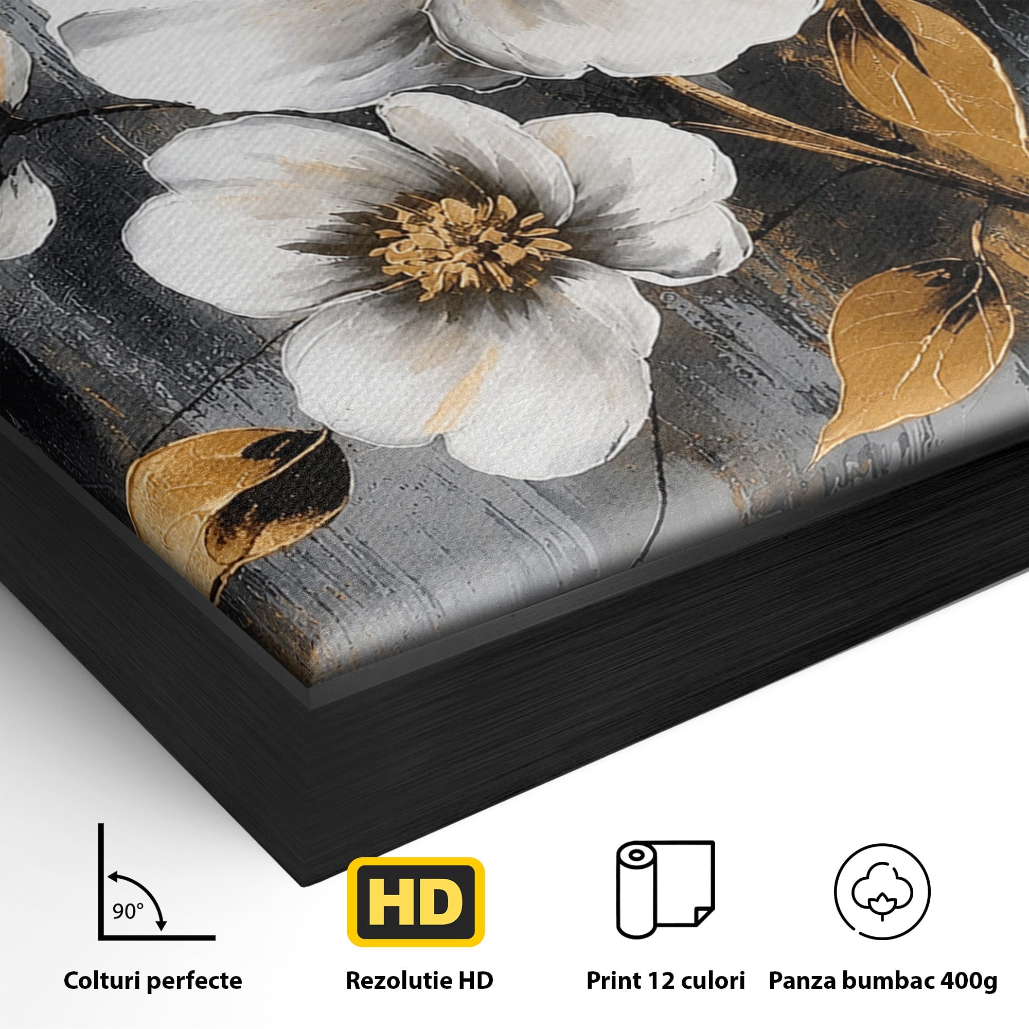 Tablou Canvas Premium LuxCanva® A1852, Flori Aurii Pe Fundal Gri, Flori, Auriu, Gri, Living, Dormitor, Culori Vibrante