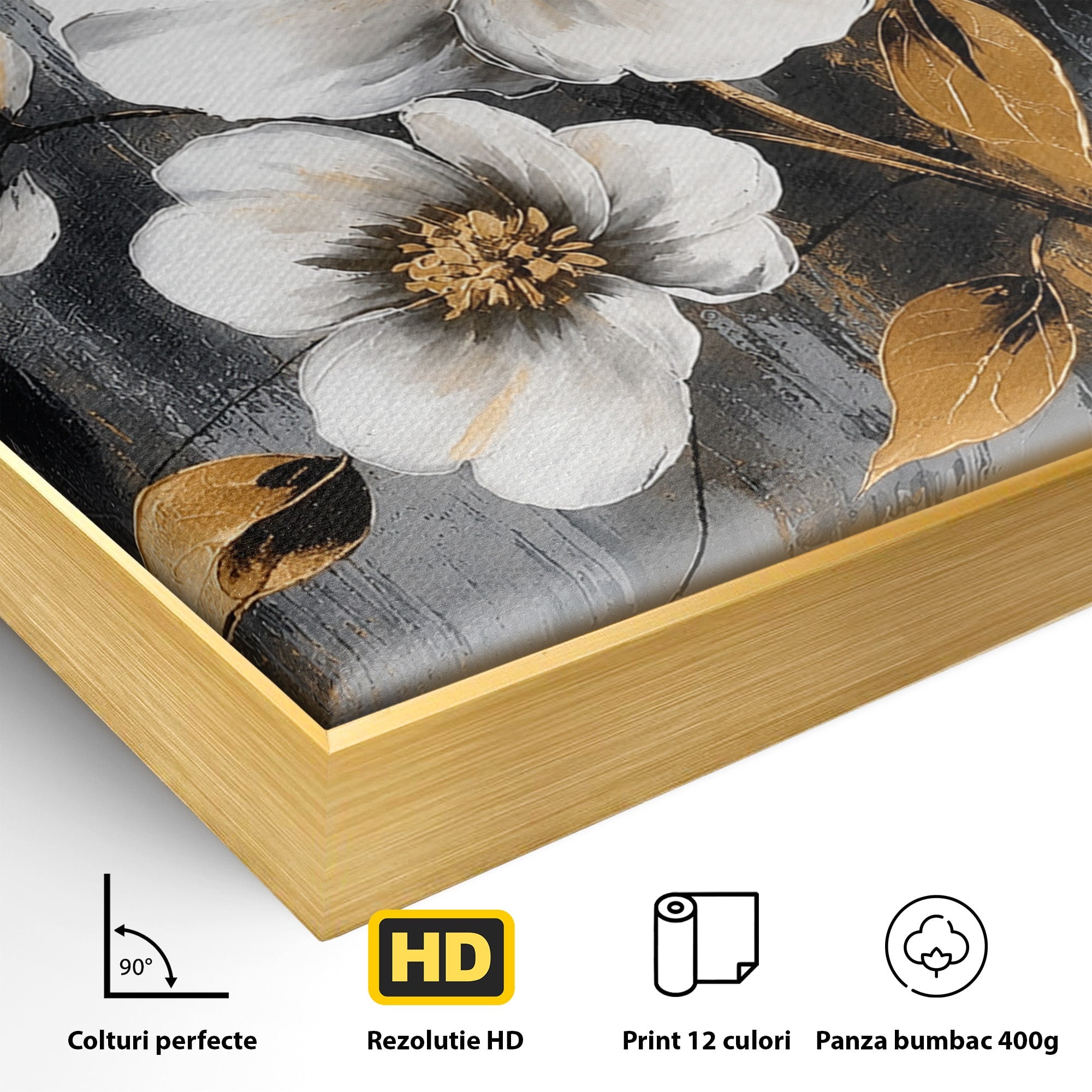 Tablou Canvas Premium LuxCanva® A1852, Flori Aurii Pe Fundal Gri, Flori, Auriu, Gri, Living, Dormitor, Culori Vibrante