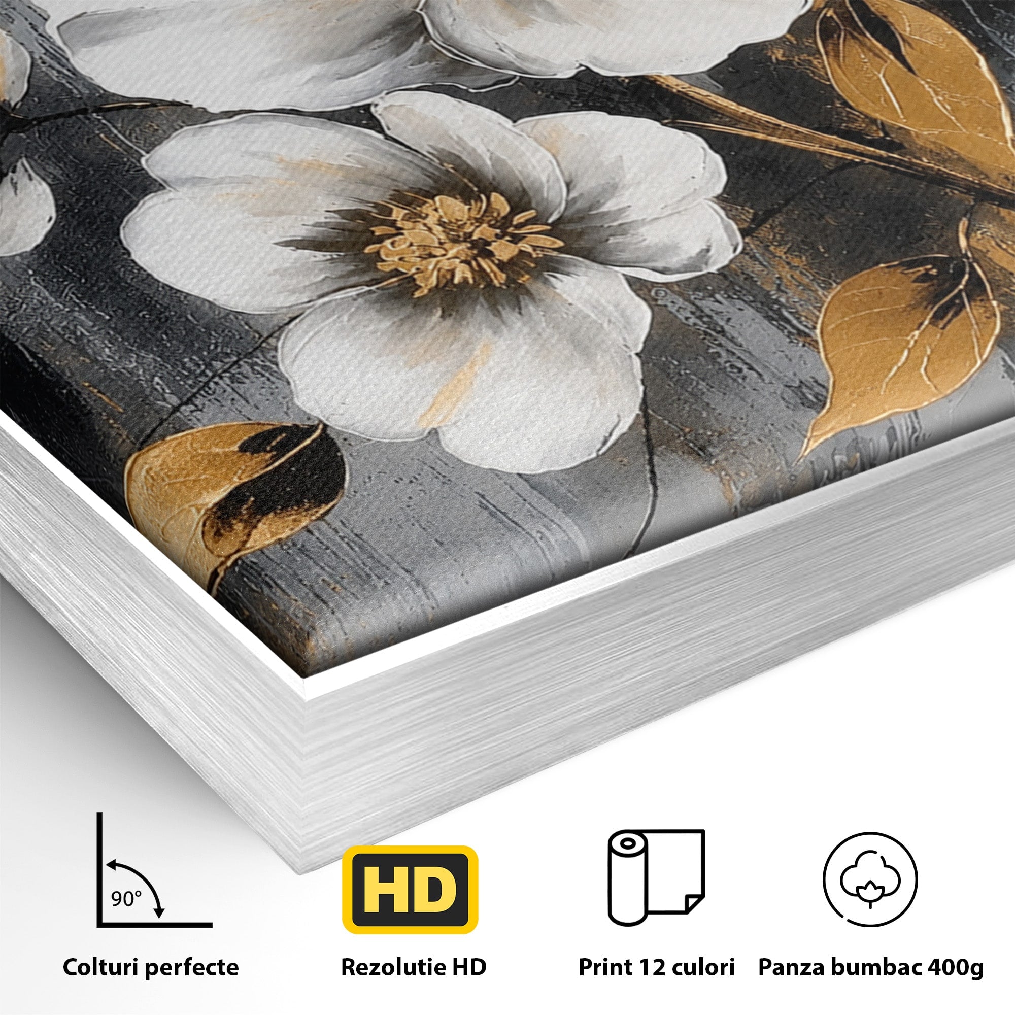 Tablou Canvas Premium LuxCanva® A1852, Flori Aurii Pe Fundal Gri, Flori, Auriu, Gri, Living, Dormitor, Culori Vibrante