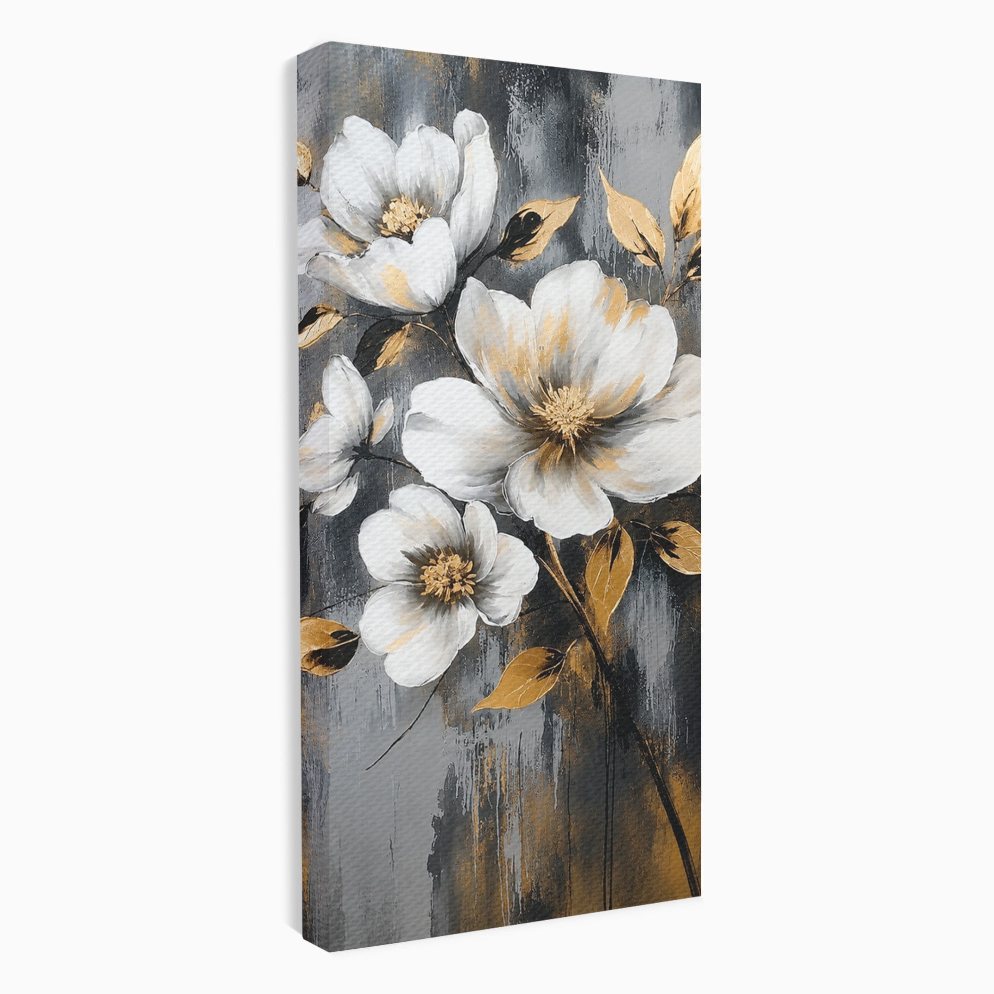 Tablou Canvas Premium LuxCanva® A1852, Flori Aurii Pe Fundal Gri, Flori, Auriu, Gri, Living, Dormitor, Culori Vibrante