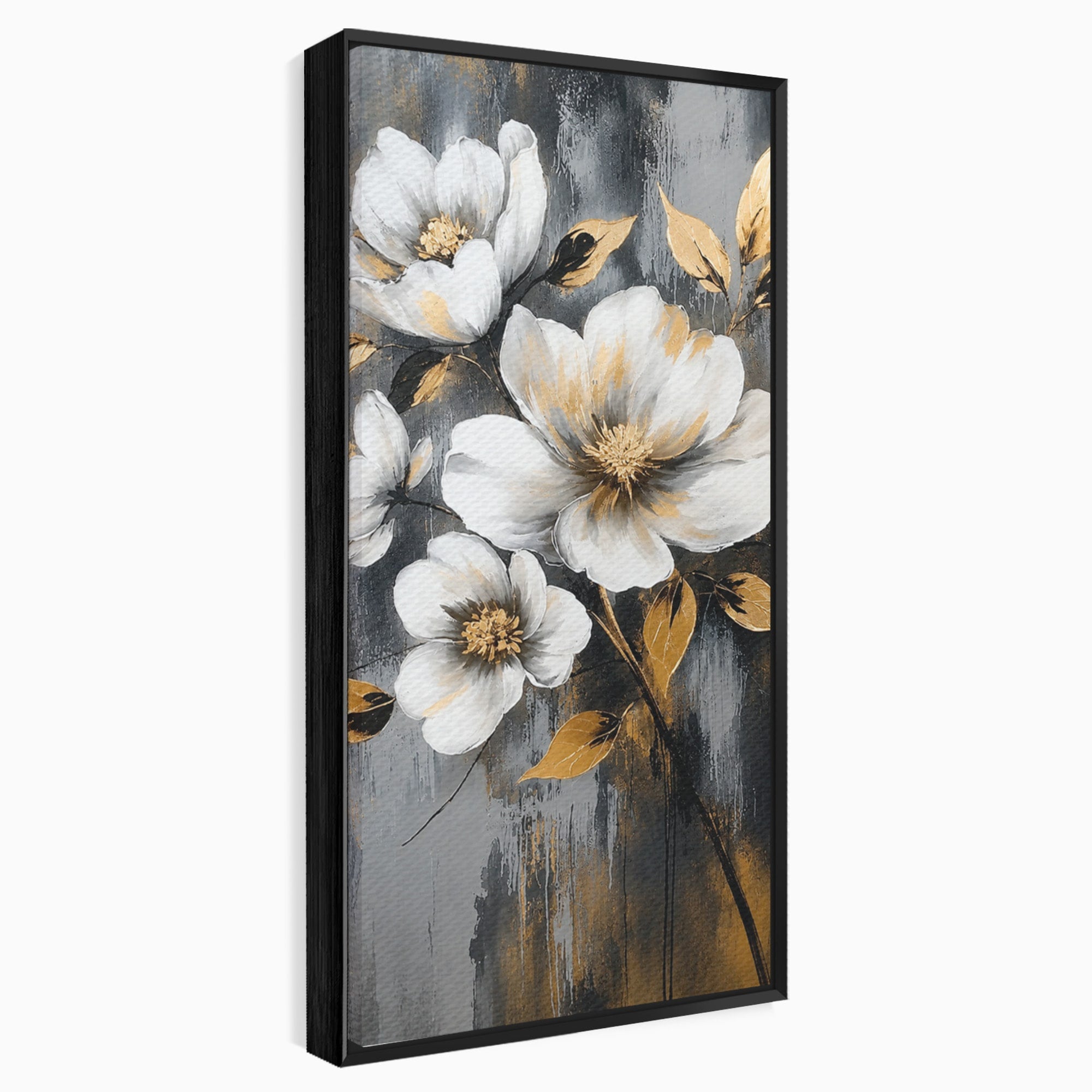 Tablou Canvas Premium LuxCanva® A1852, Flori Aurii Pe Fundal Gri, Flori, Auriu, Gri, Living, Dormitor, Culori Vibrante