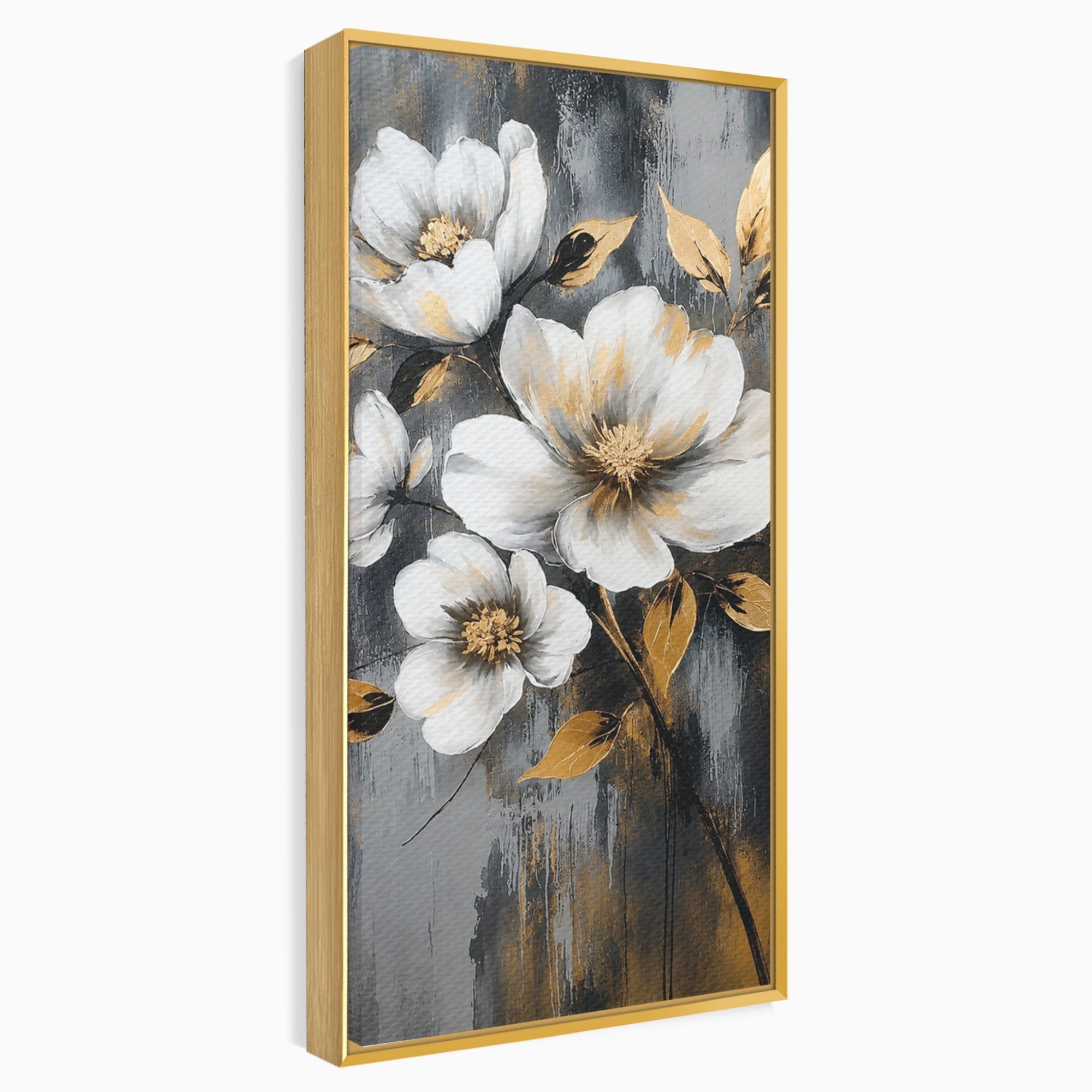 Tablou Canvas Premium LuxCanva® A1852, Flori Aurii Pe Fundal Gri, Flori, Auriu, Gri, Living, Dormitor, Culori Vibrante