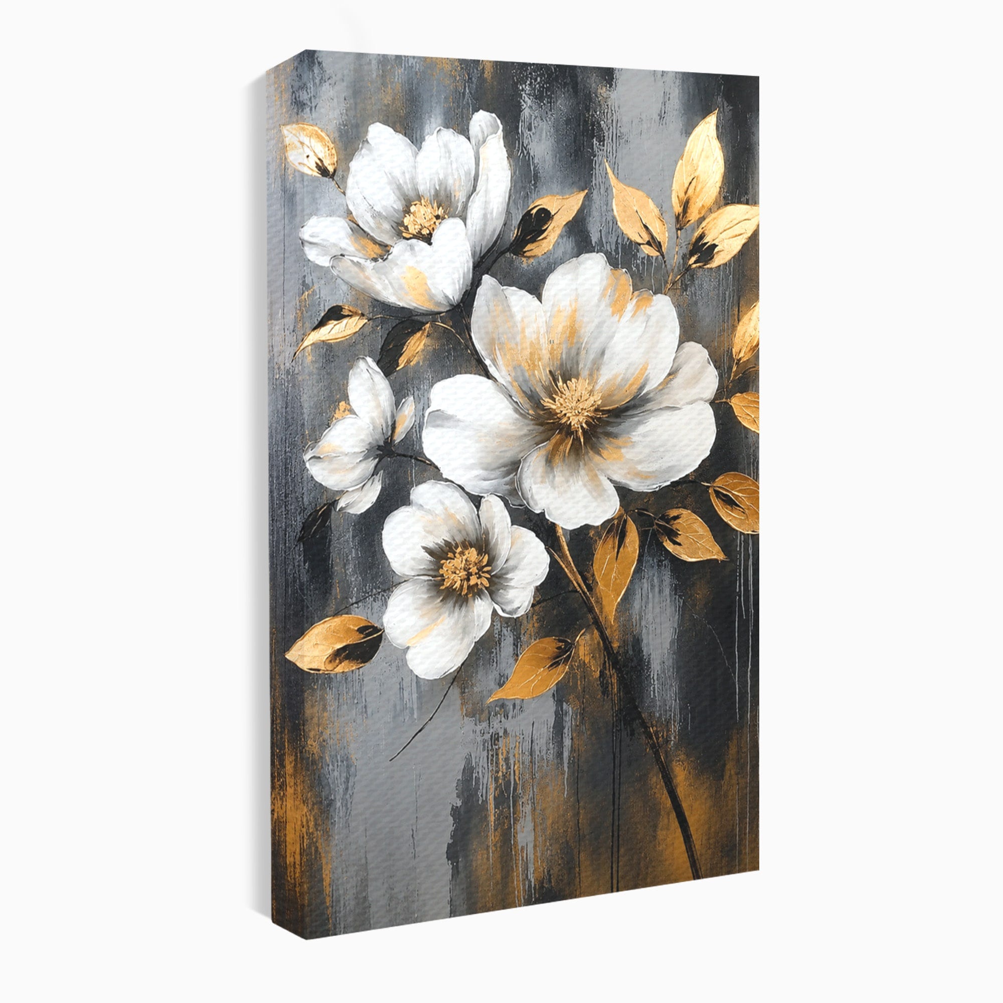 Tablou Canvas Premium LuxCanva® A1852, Flori Aurii Pe Fundal Gri, Flori, Auriu, Gri, Living, Dormitor, Culori Vibrante