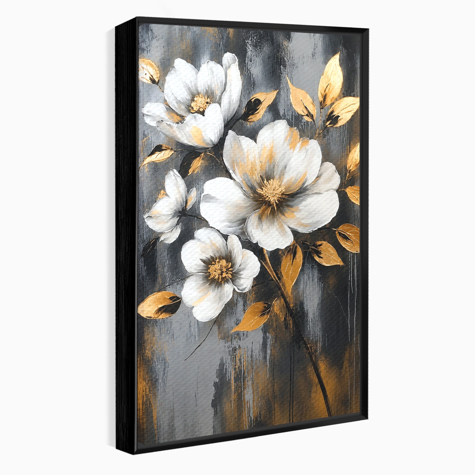 Tablou Canvas Premium LuxCanva® A1852, Flori Aurii Pe Fundal Gri, Flori, Auriu, Gri, Living, Dormitor, Culori Vibrante