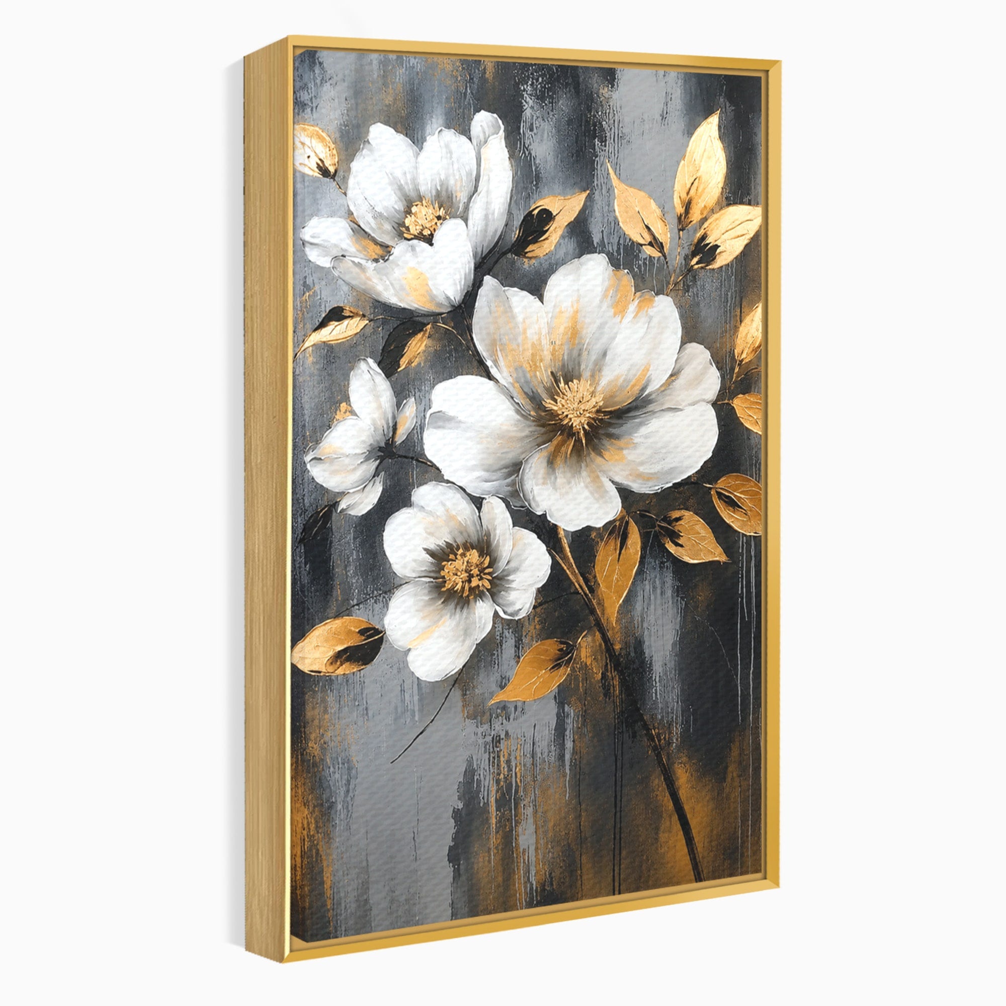 Tablou Canvas Premium LuxCanva® A1852, Flori Aurii Pe Fundal Gri, Flori, Auriu, Gri, Living, Dormitor, Culori Vibrante