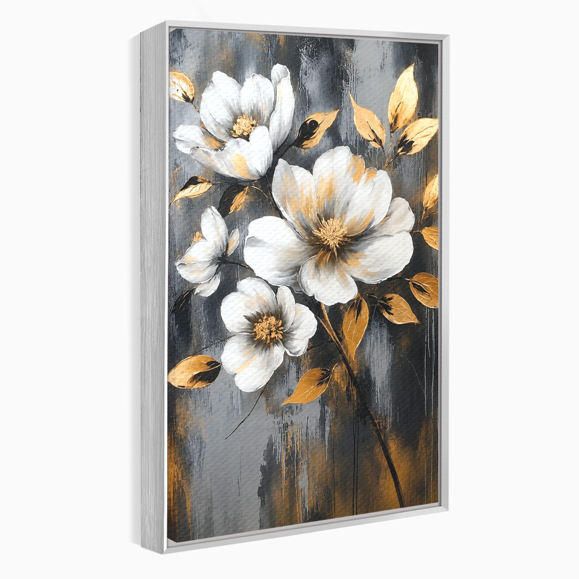 Tablou Canvas Premium LuxCanva® A1852, Flori Aurii Pe Fundal Gri, Flori, Auriu, Gri, Living, Dormitor, Culori Vibrante