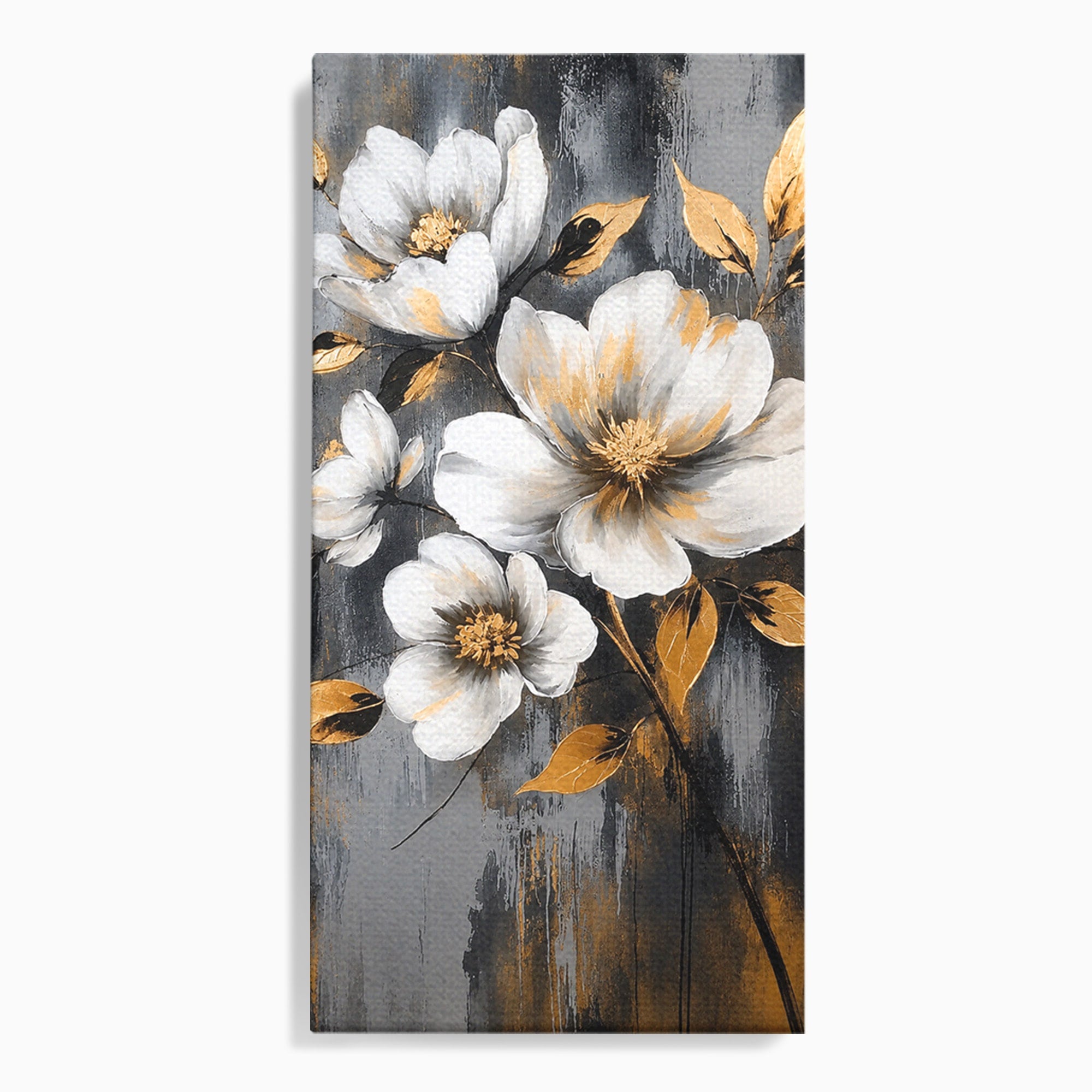 Tablou Canvas Premium LuxCanva® A1852, Flori Aurii Pe Fundal Gri, Flori, Auriu, Gri, Living, Dormitor, Culori Vibrante