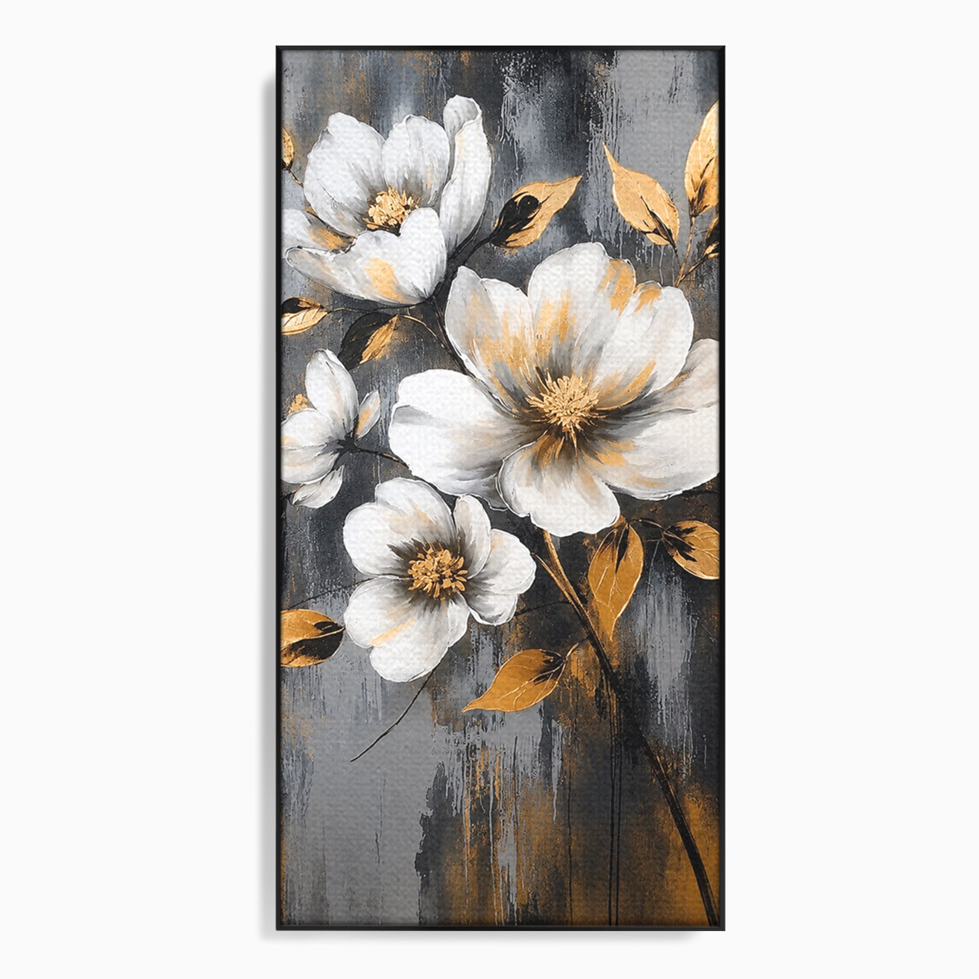Tablou Canvas Premium LuxCanva® A1852, Flori Aurii Pe Fundal Gri, Flori, Auriu, Gri, Living, Dormitor, Culori Vibrante