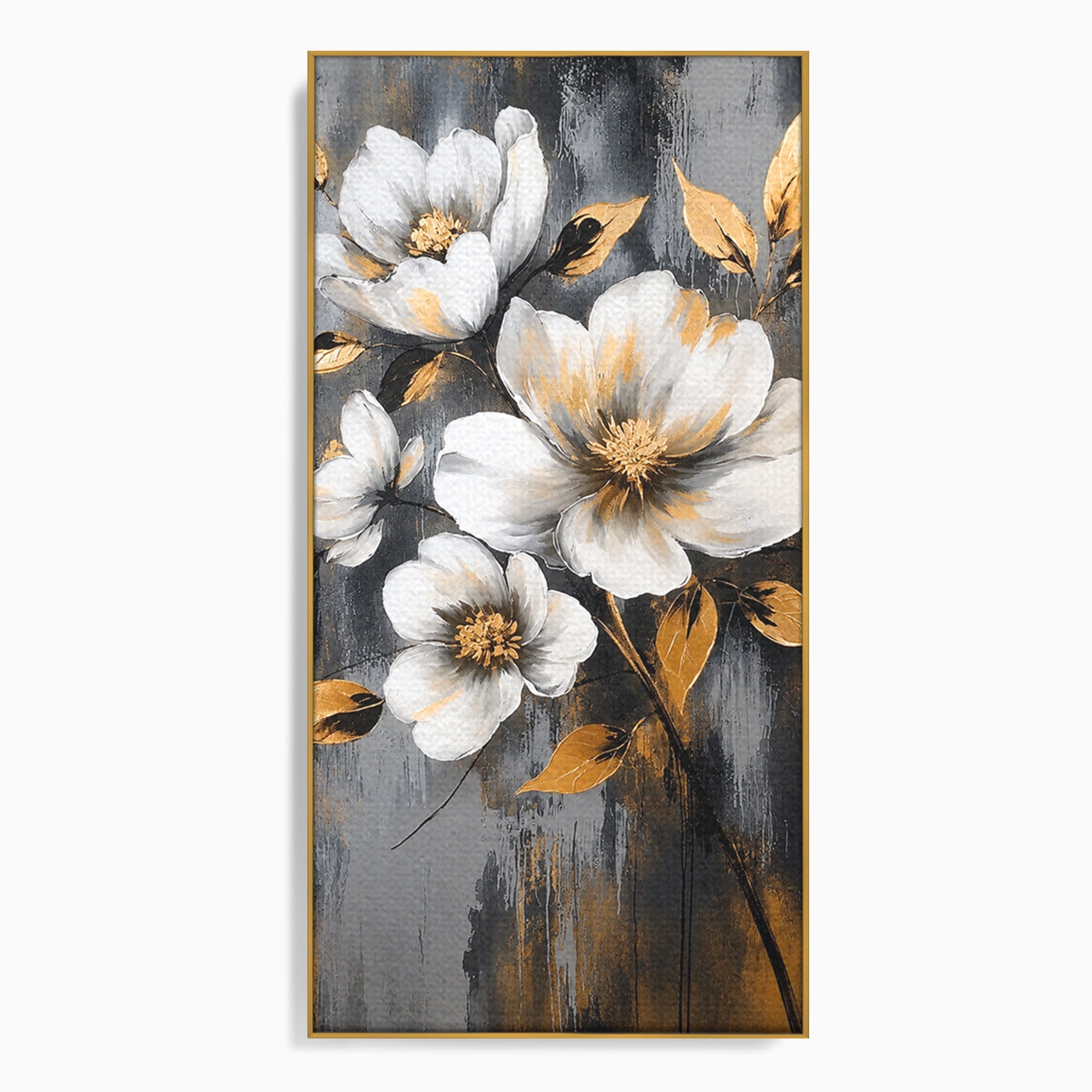 Tablou Canvas Premium LuxCanva® A1852, Flori Aurii Pe Fundal Gri, Flori, Auriu, Gri, Living, Dormitor, Culori Vibrante