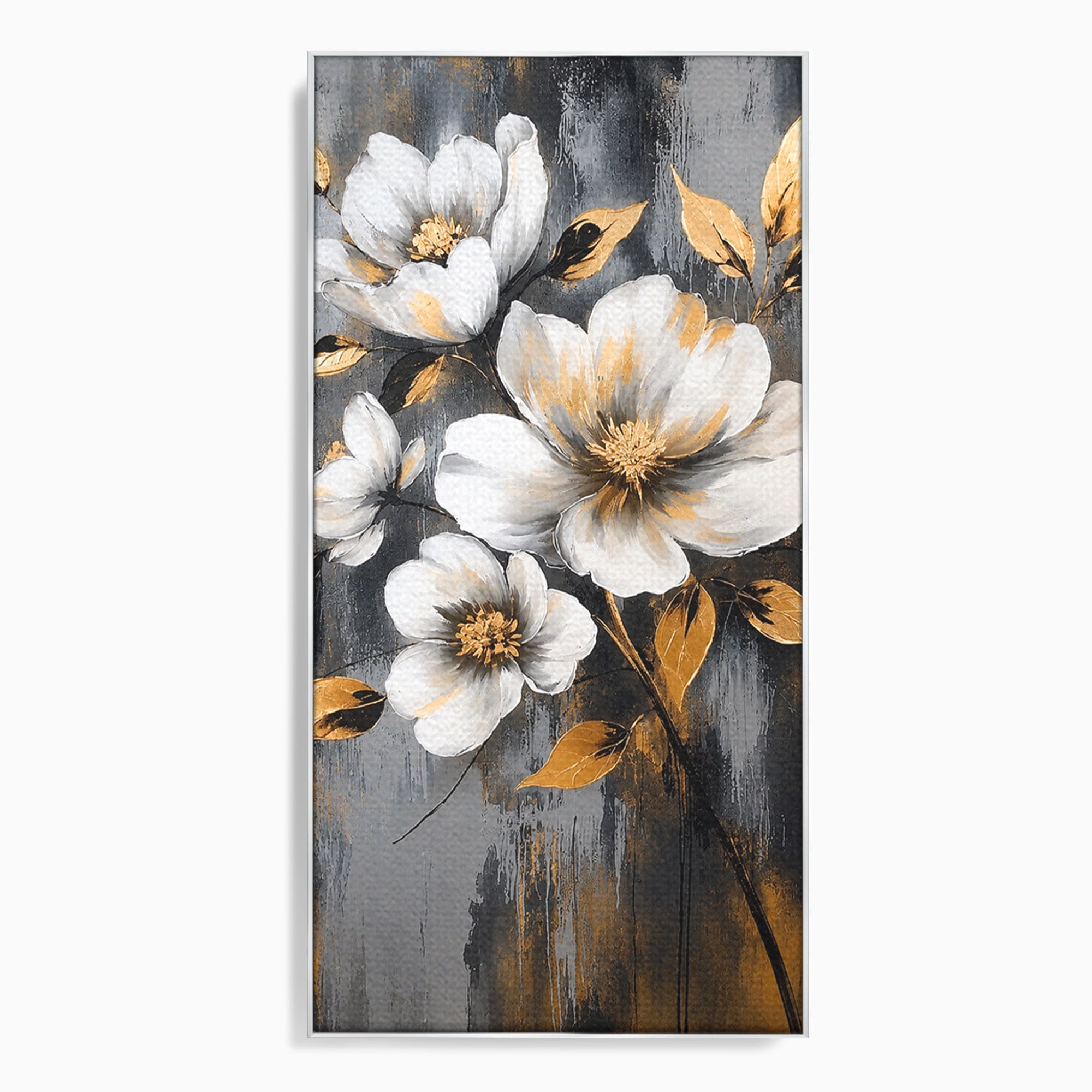 Tablou Canvas Premium LuxCanva® A1852, Flori Aurii Pe Fundal Gri, Flori, Auriu, Gri, Living, Dormitor, Culori Vibrante