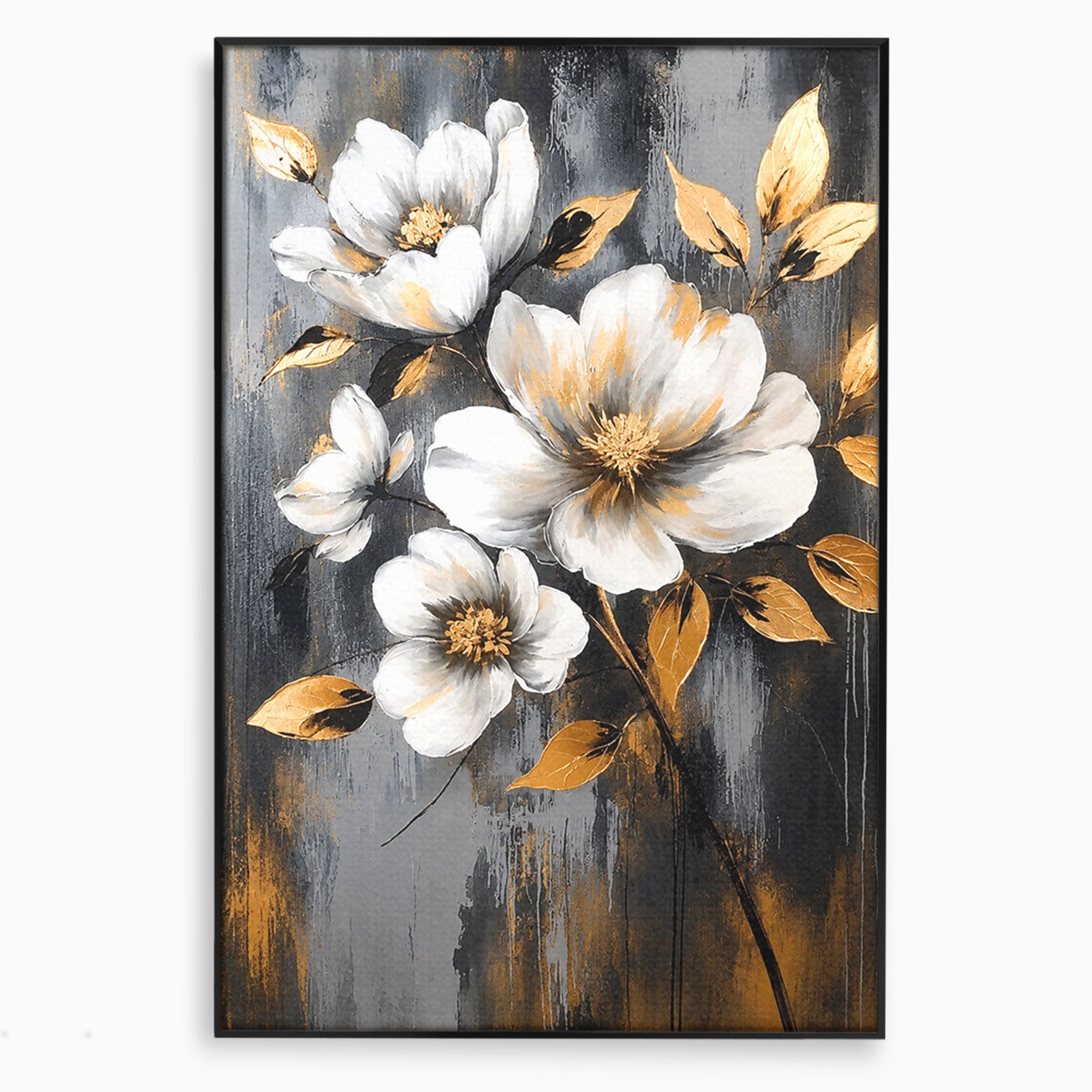 Tablou Canvas Premium LuxCanva® A1852, Flori Aurii Pe Fundal Gri, Flori, Auriu, Gri, Living, Dormitor, Culori Vibrante
