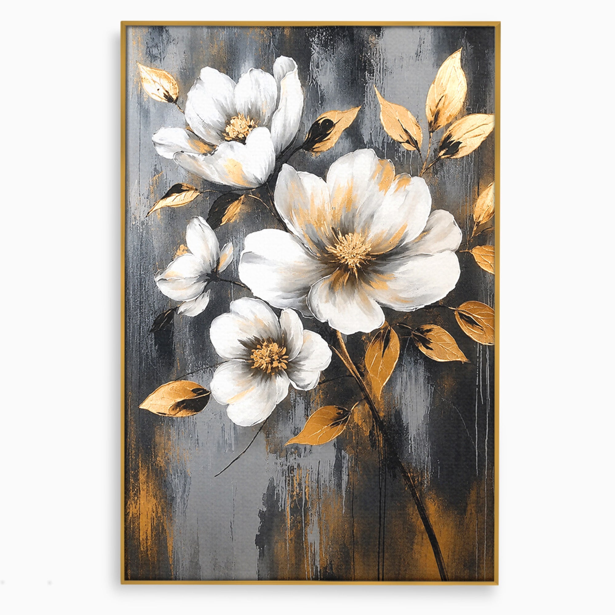 Tablou Canvas Premium LuxCanva® A1852, Flori Aurii Pe Fundal Gri, Flori, Auriu, Gri, Living, Dormitor, Culori Vibrante