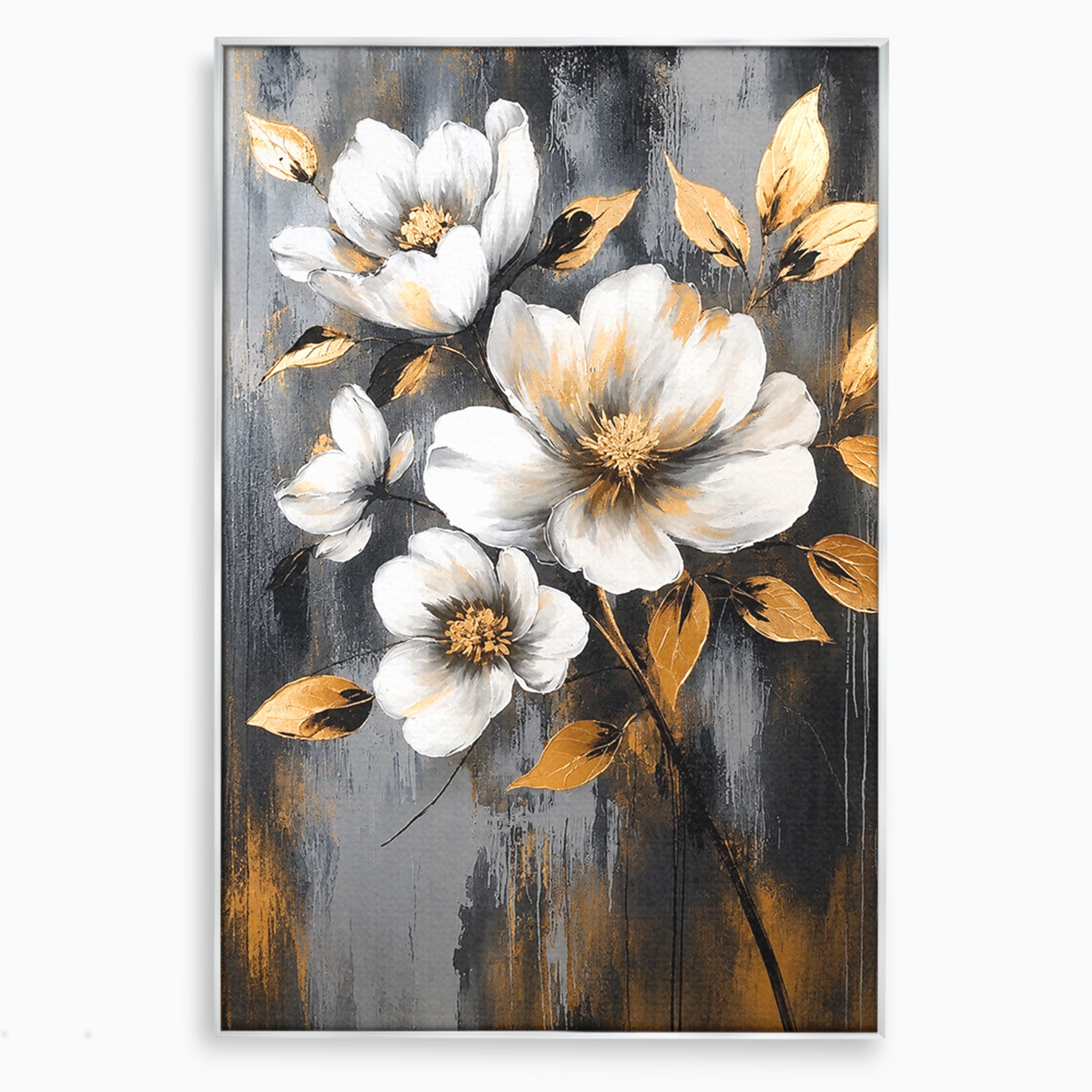 Tablou Canvas Premium LuxCanva® A1852, Flori Aurii Pe Fundal Gri, Flori, Auriu, Gri, Living, Dormitor, Culori Vibrante
