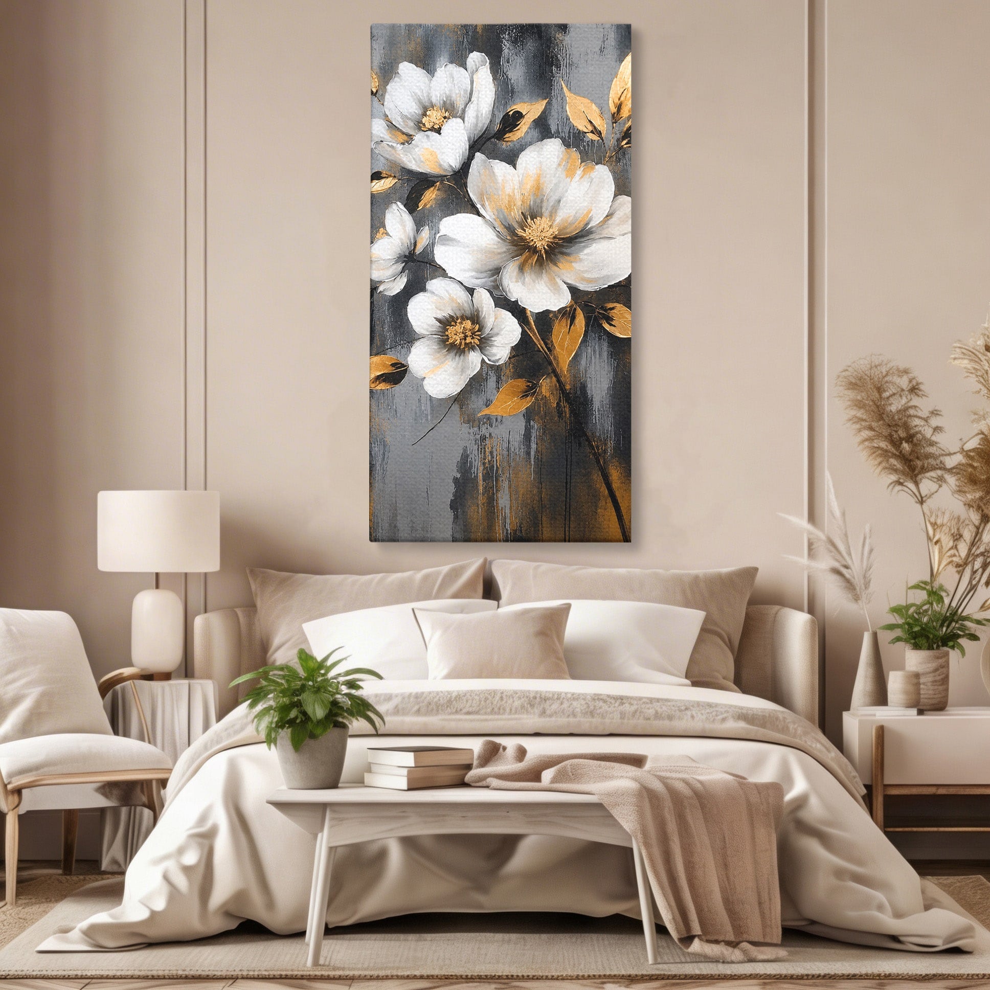 Tablou Canvas Premium LuxCanva® A1852, Flori Aurii Pe Fundal Gri, Flori, Auriu, Gri, Living, Dormitor, Culori Vibrante