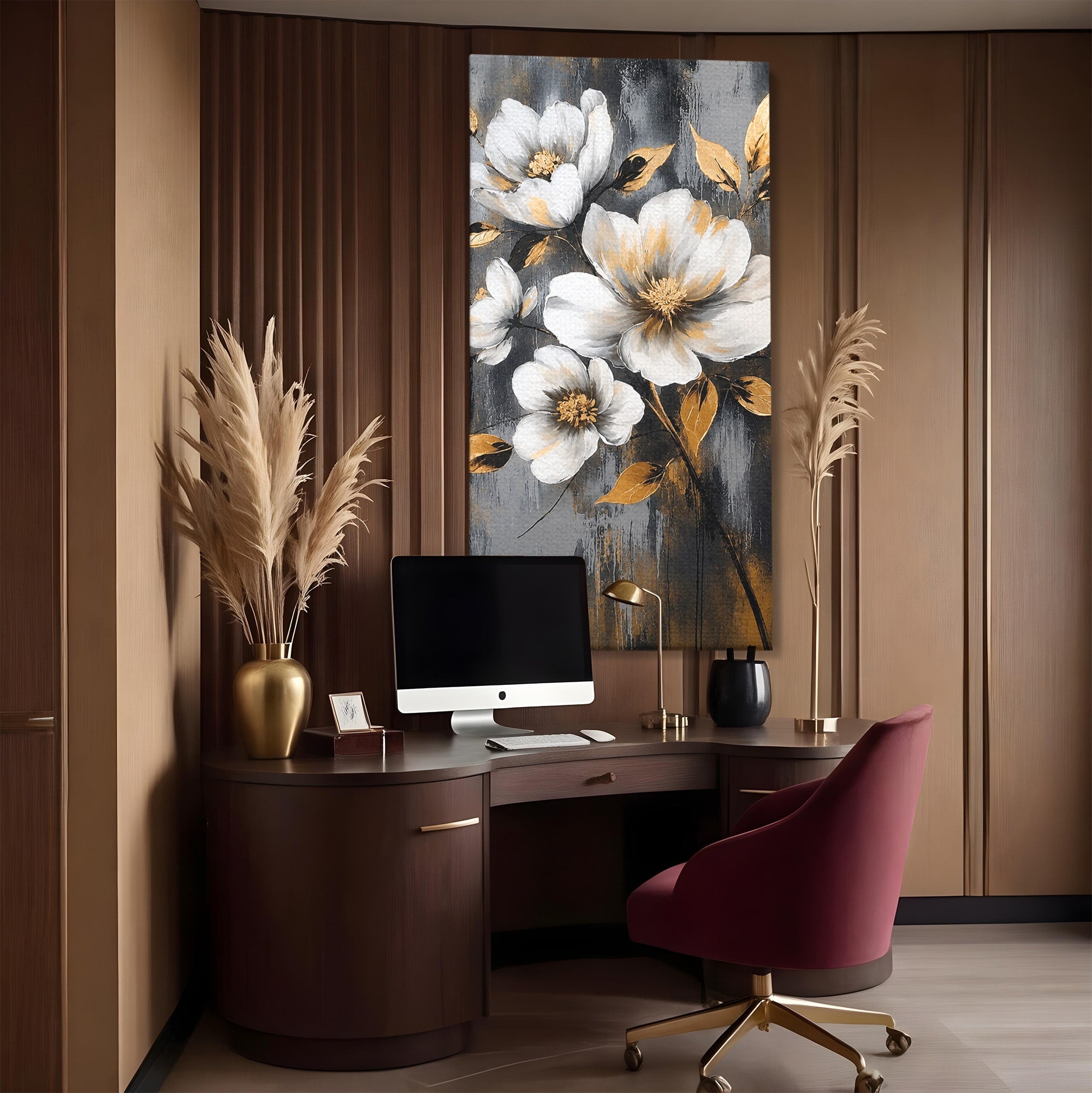 Tablou Canvas Premium LuxCanva® A1852, Flori Aurii Pe Fundal Gri, Flori, Auriu, Gri, Living, Dormitor, Culori Vibrante