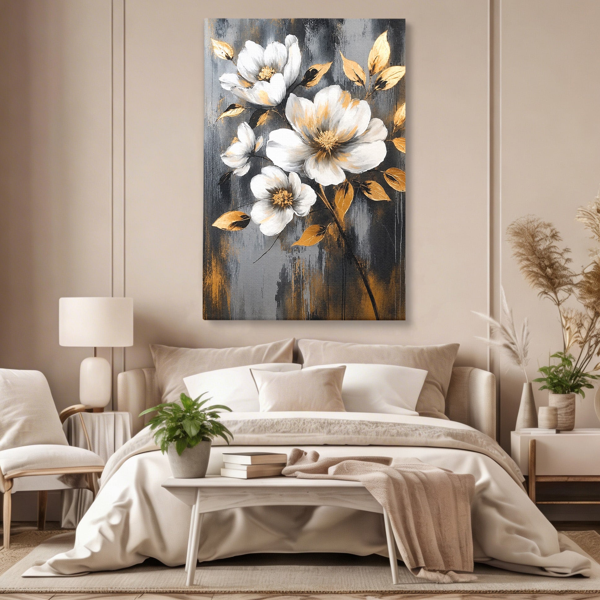 Tablou Canvas Premium LuxCanva® A1852, Flori Aurii Pe Fundal Gri, Flori, Auriu, Gri, Living, Dormitor, Culori Vibrante