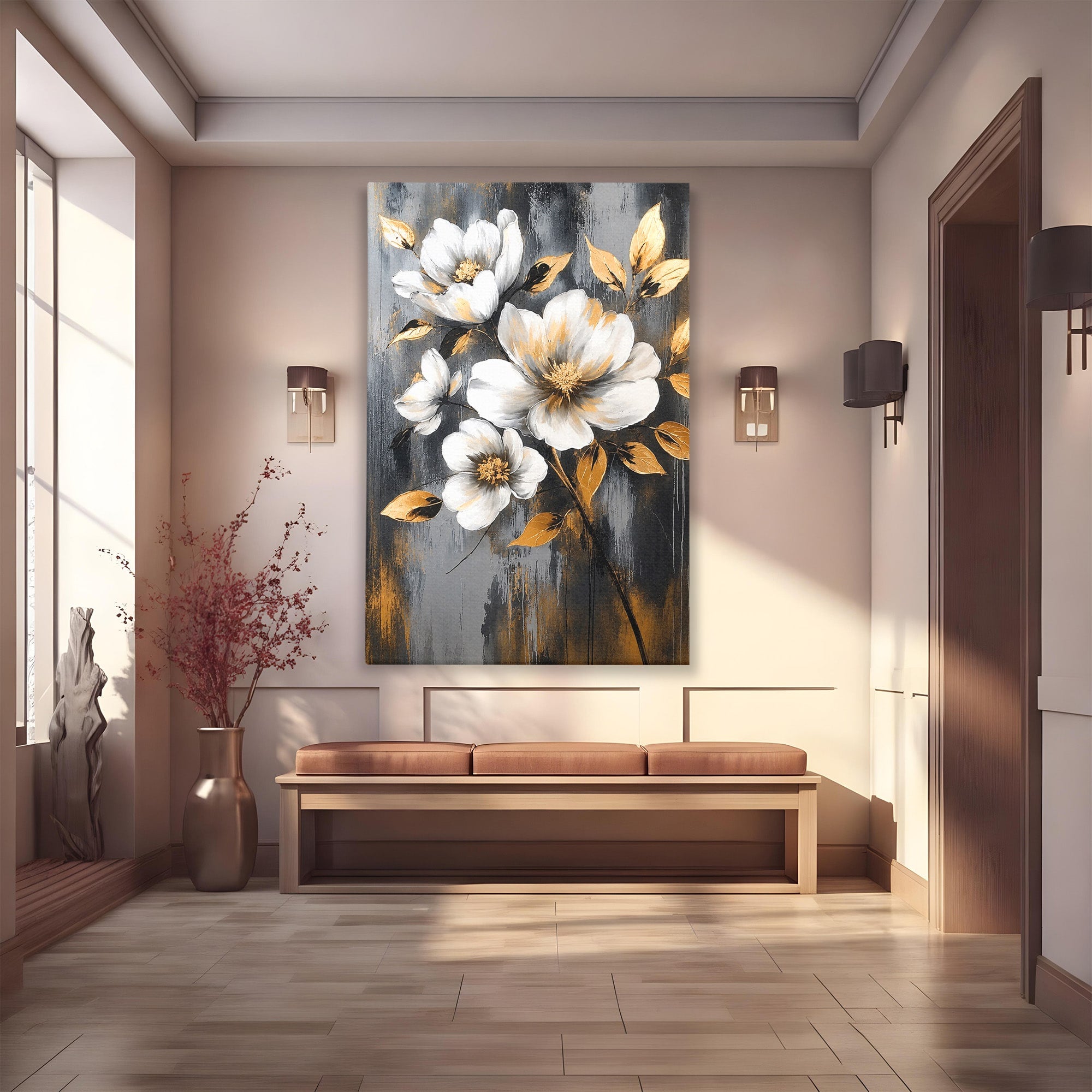 Tablou Canvas Premium LuxCanva® A1852, Flori Aurii Pe Fundal Gri, Flori, Auriu, Gri, Living, Dormitor, Culori Vibrante