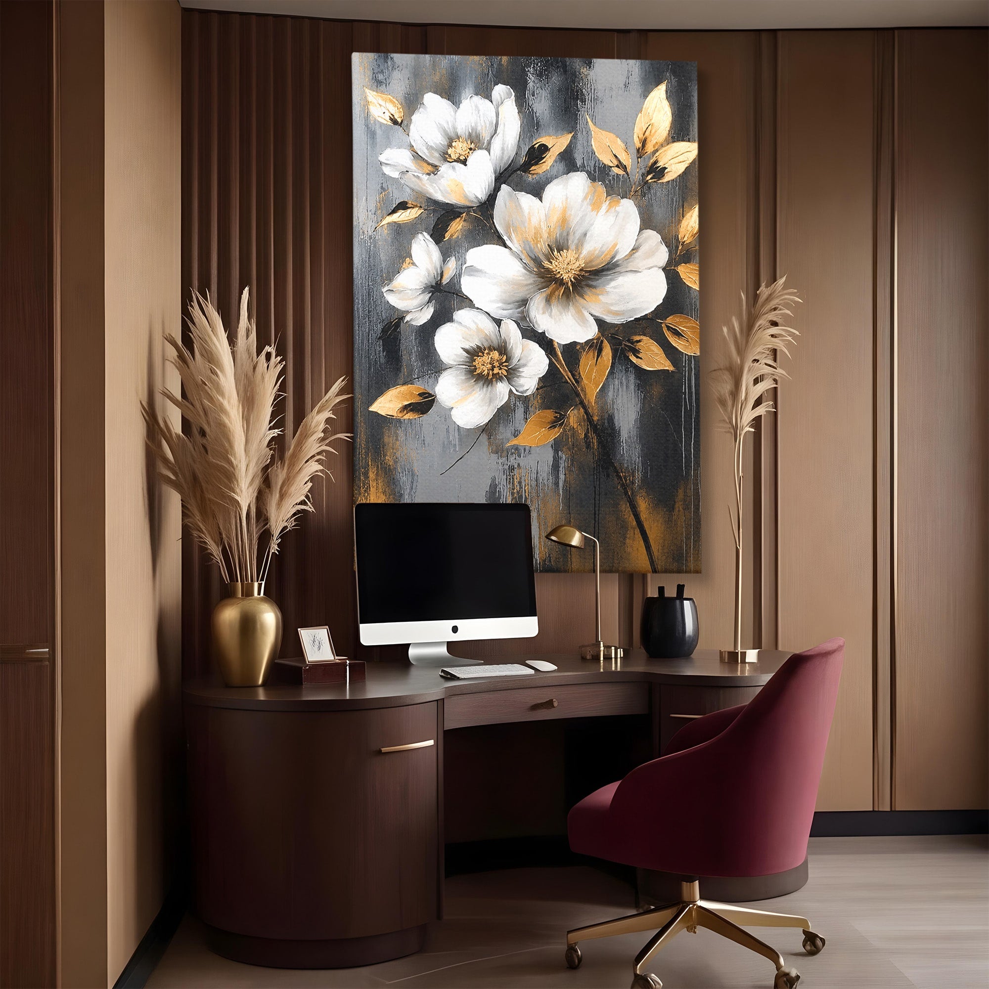 Tablou Canvas Premium LuxCanva® A1852, Flori Aurii Pe Fundal Gri, Flori, Auriu, Gri, Living, Dormitor, Culori Vibrante