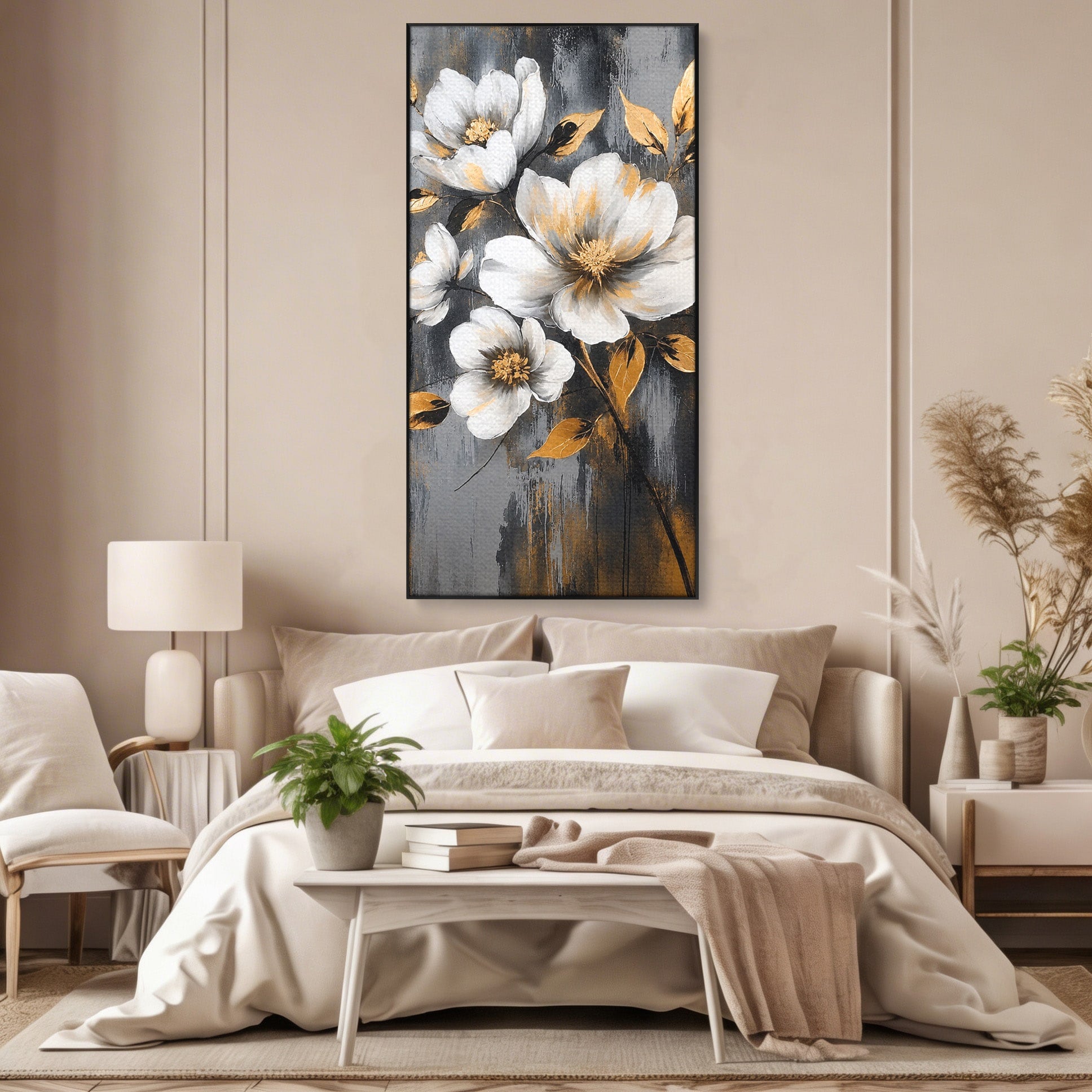 Tablou Canvas Premium LuxCanva® A1852, Flori Aurii Pe Fundal Gri, Flori, Auriu, Gri, Living, Dormitor, Culori Vibrante