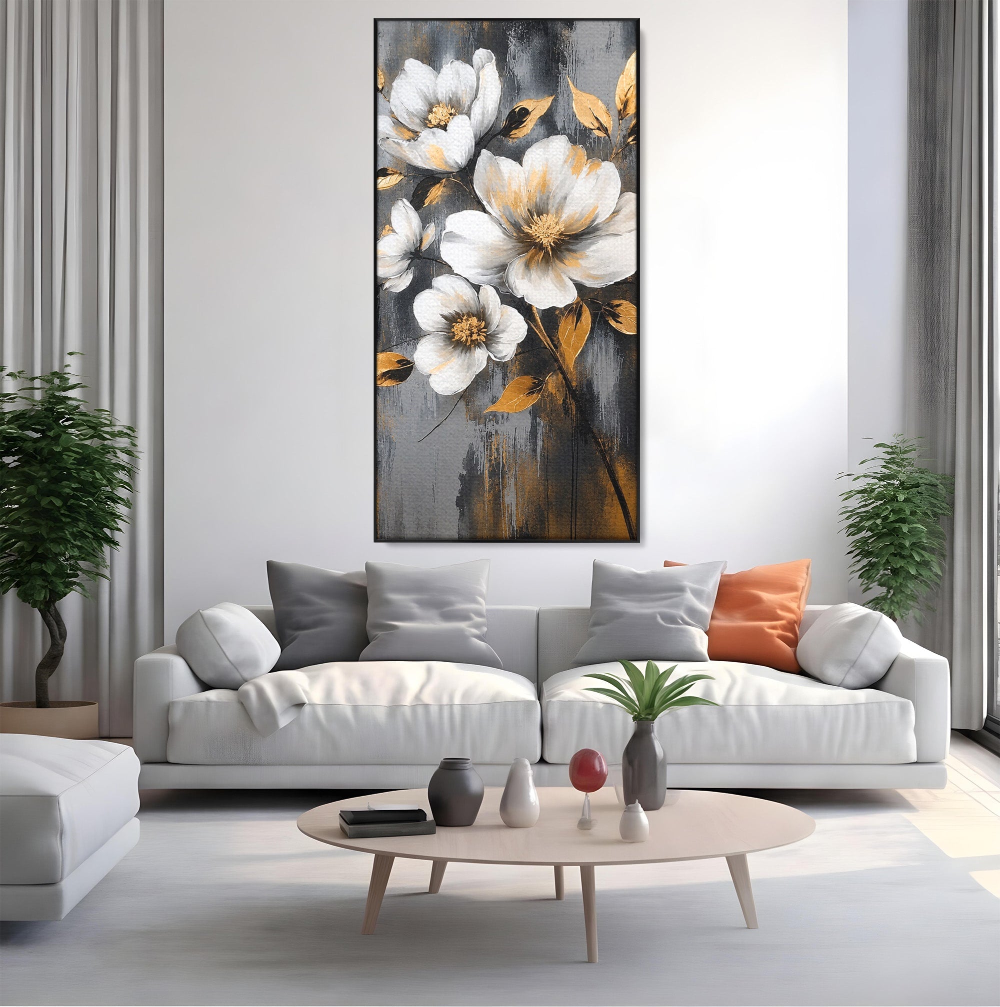 Tablou Canvas Premium LuxCanva® A1852, Flori Aurii Pe Fundal Gri, Flori, Auriu, Gri, Living, Dormitor, Culori Vibrante