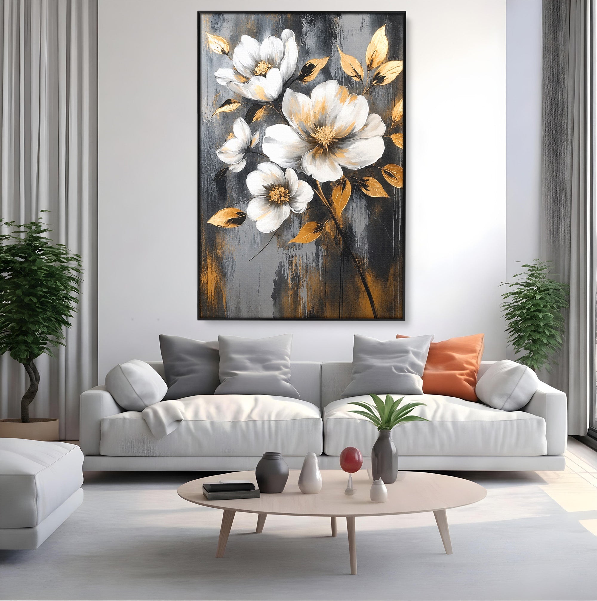 Tablou Canvas Premium LuxCanva® A1852, Flori Aurii Pe Fundal Gri, Flori, Auriu, Gri, Living, Dormitor, Culori Vibrante
