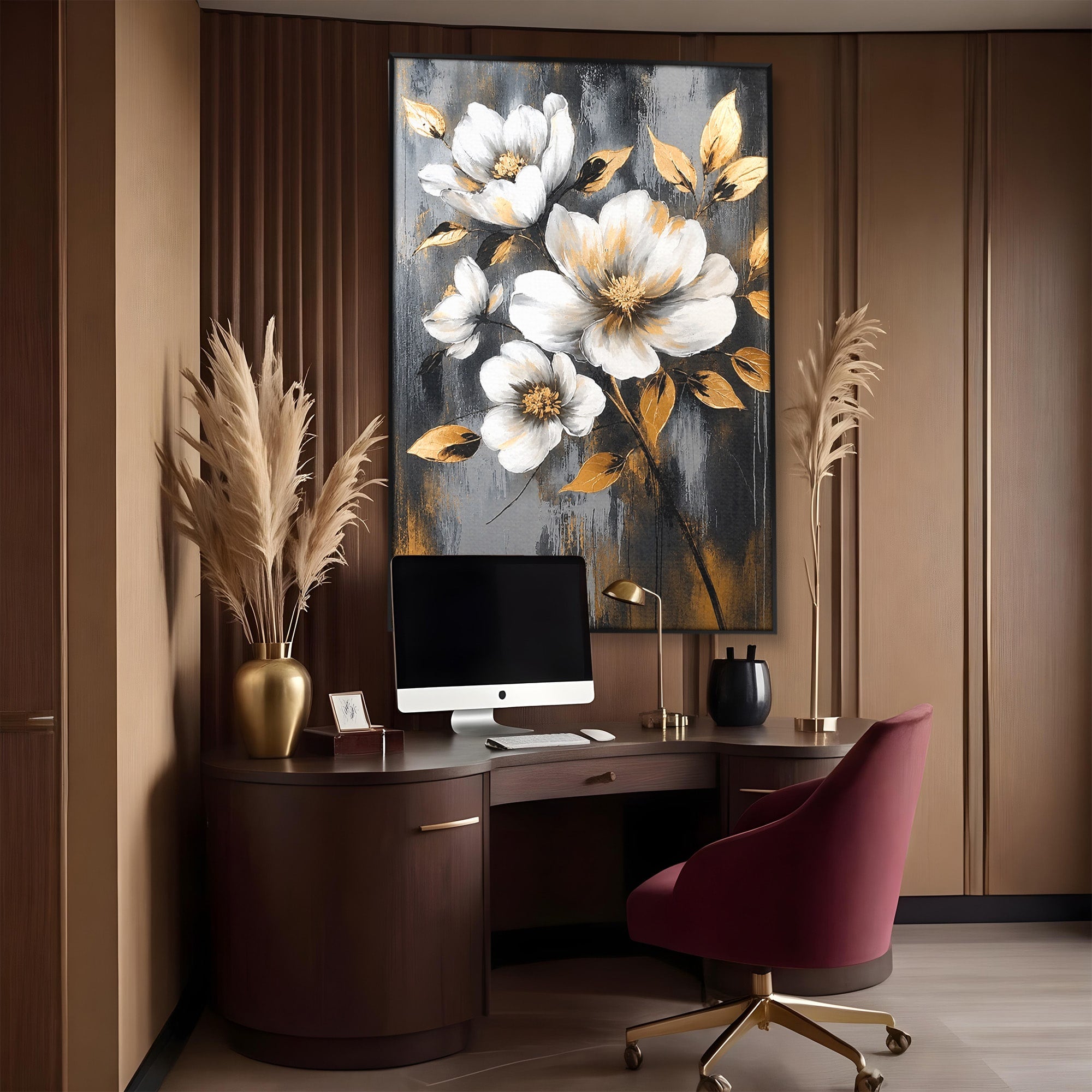 Tablou Canvas Premium LuxCanva® A1852, Flori Aurii Pe Fundal Gri, Flori, Auriu, Gri, Living, Dormitor, Culori Vibrante