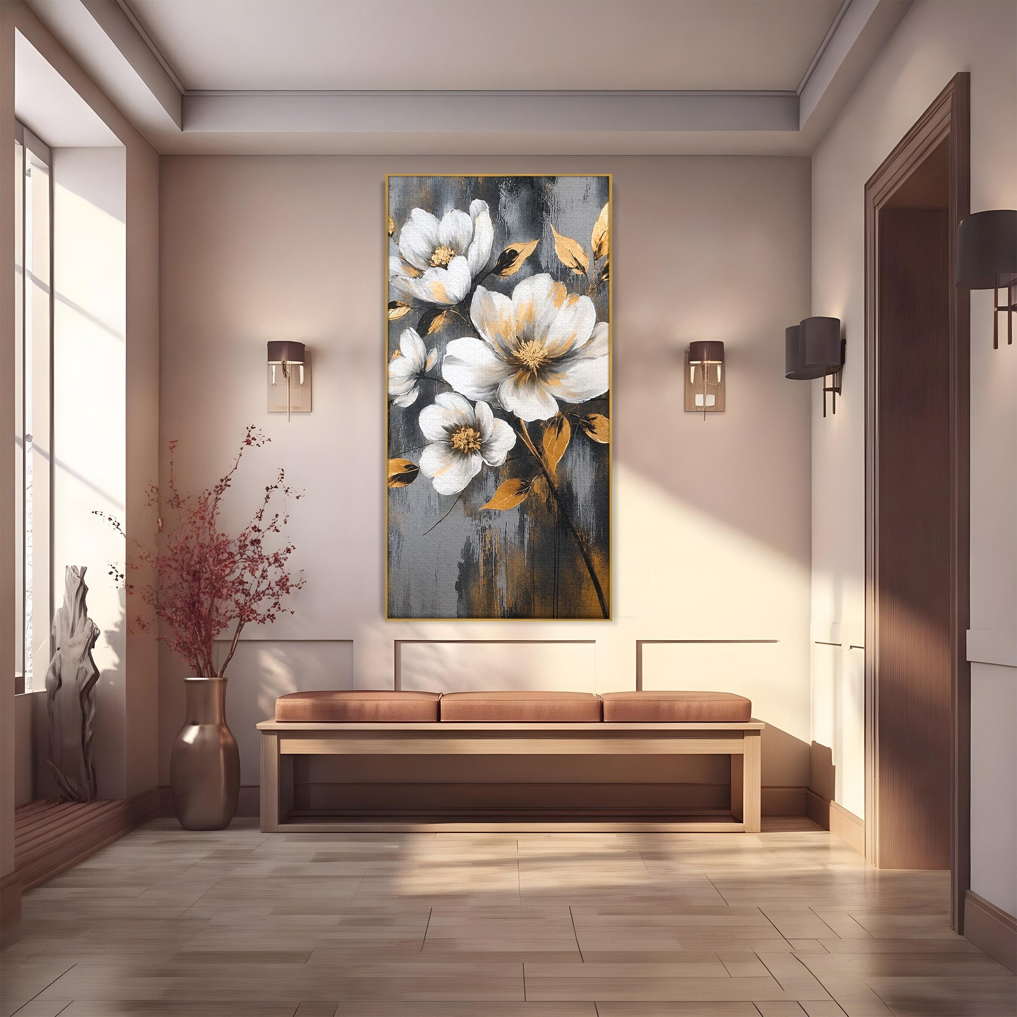 Tablou Canvas Premium LuxCanva® A1852, Flori Aurii Pe Fundal Gri, Flori, Auriu, Gri, Living, Dormitor, Culori Vibrante