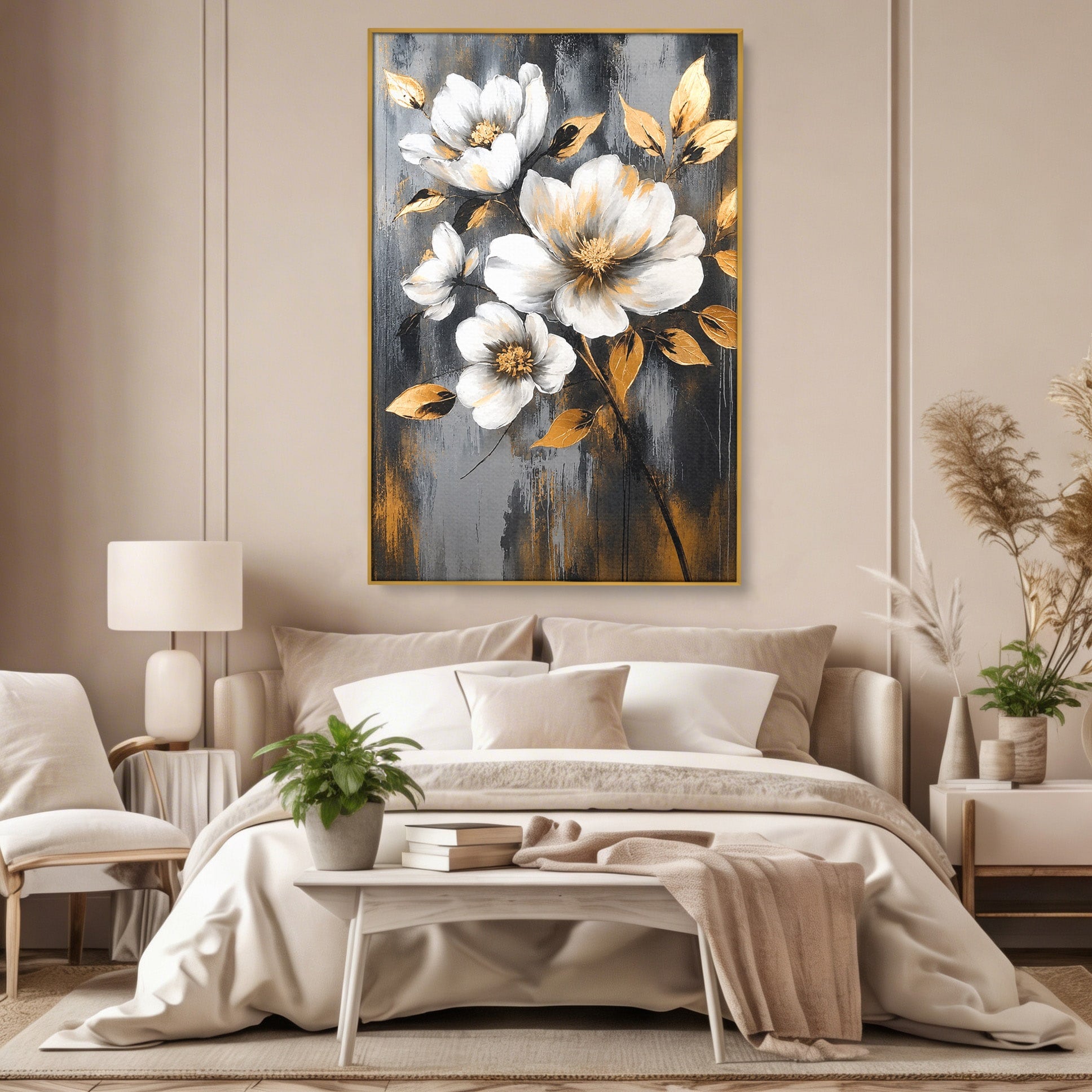 Tablou Canvas Premium LuxCanva® A1852, Flori Aurii Pe Fundal Gri, Flori, Auriu, Gri, Living, Dormitor, Culori Vibrante