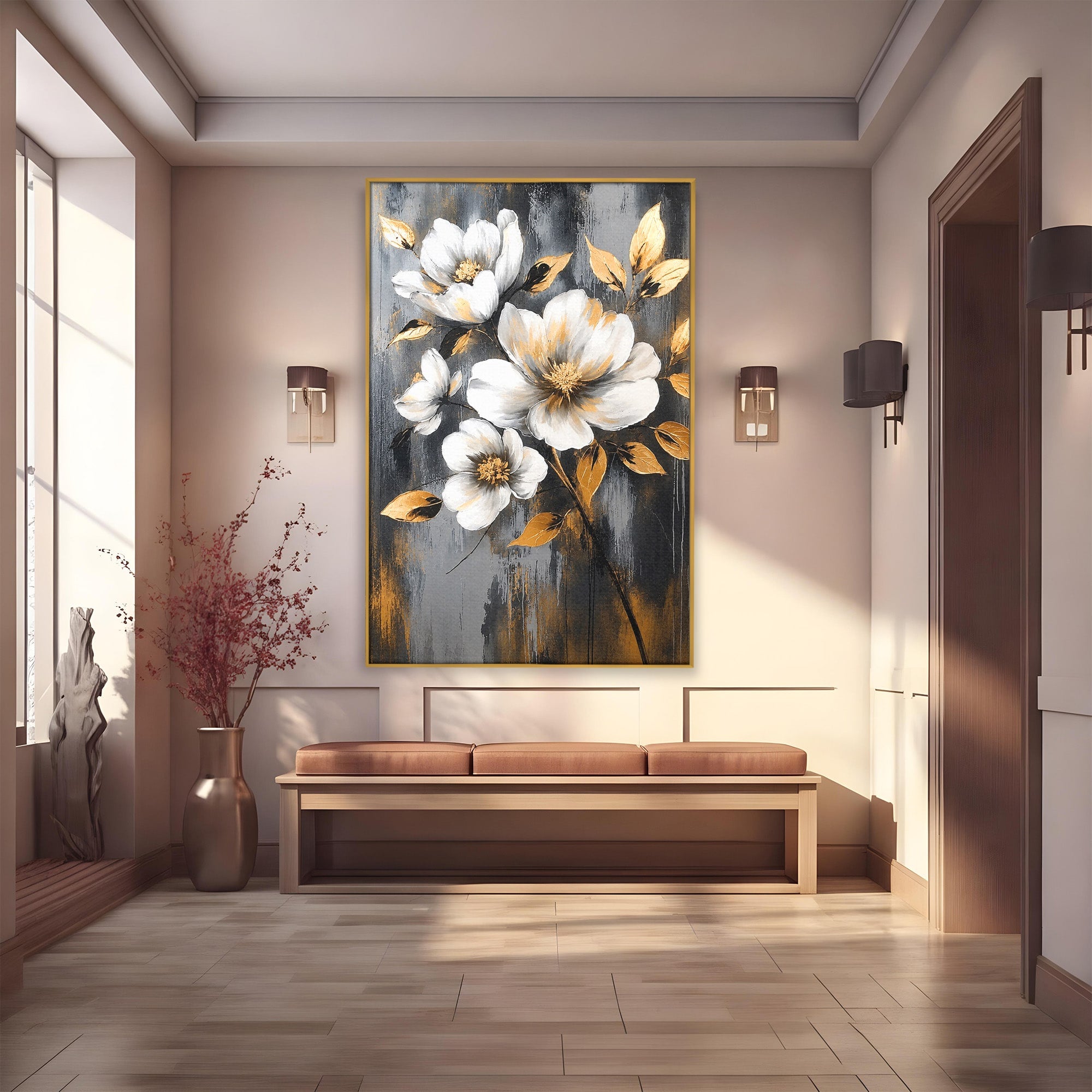 Tablou Canvas Premium LuxCanva® A1852, Flori Aurii Pe Fundal Gri, Flori, Auriu, Gri, Living, Dormitor, Culori Vibrante