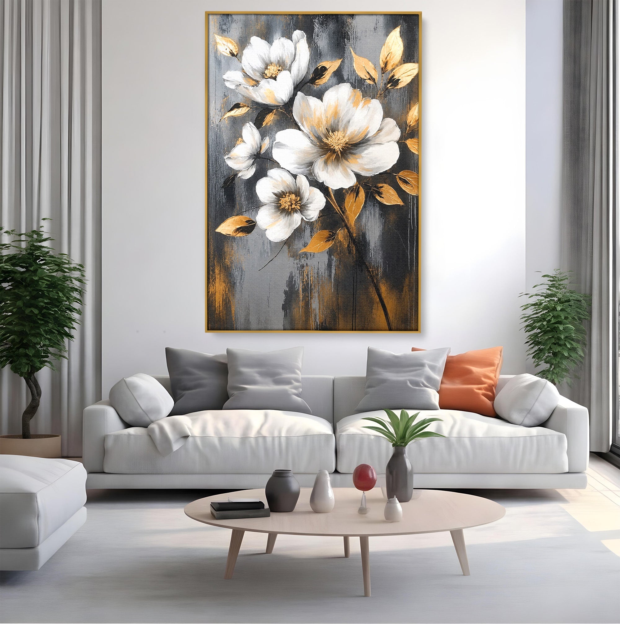 Tablou Canvas Premium LuxCanva® A1852, Flori Aurii Pe Fundal Gri, Flori, Auriu, Gri, Living, Dormitor, Culori Vibrante
