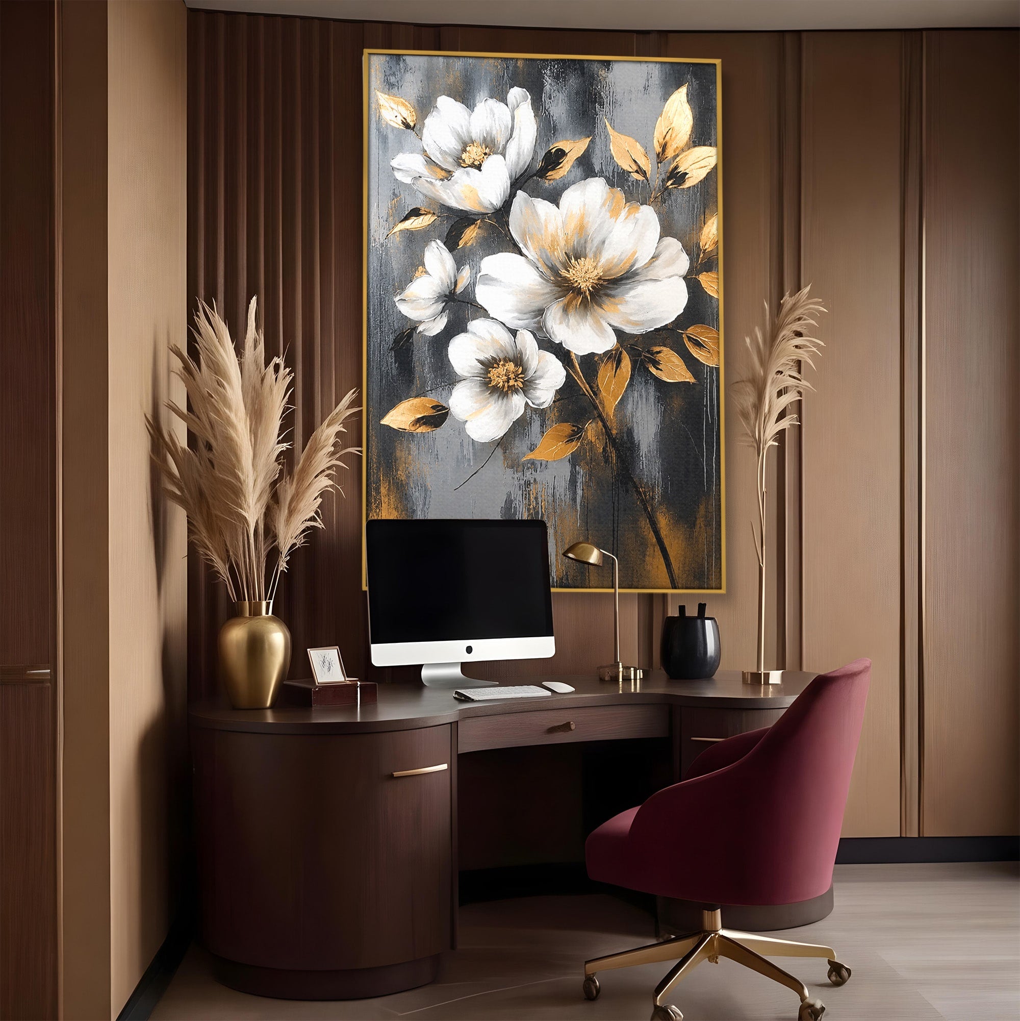 Tablou Canvas Premium LuxCanva® A1852, Flori Aurii Pe Fundal Gri, Flori, Auriu, Gri, Living, Dormitor, Culori Vibrante