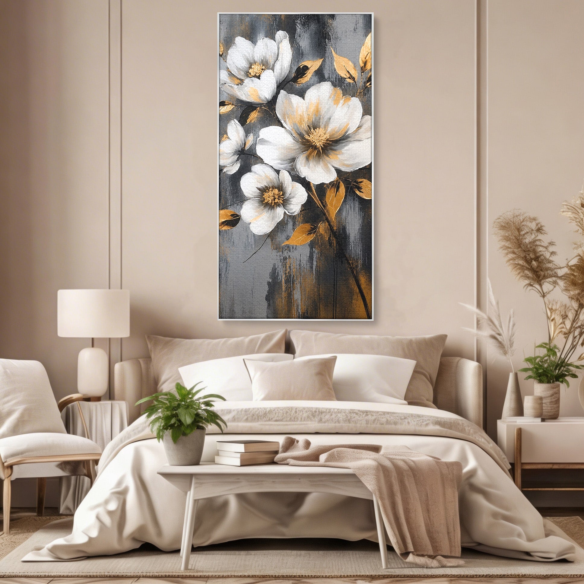 Tablou Canvas Premium LuxCanva® A1852, Flori Aurii Pe Fundal Gri, Flori, Auriu, Gri, Living, Dormitor, Culori Vibrante