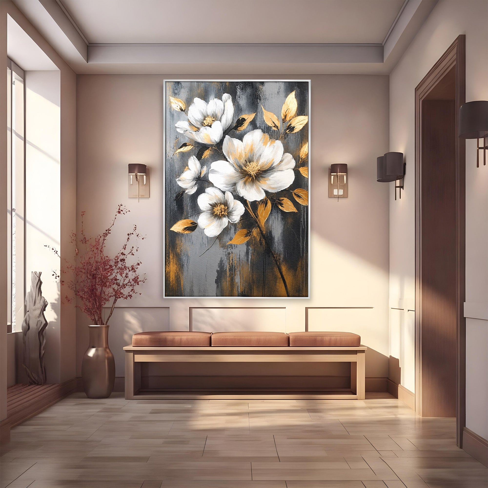 Tablou Canvas Premium LuxCanva® A1852, Flori Aurii Pe Fundal Gri, Flori, Auriu, Gri, Living, Dormitor, Culori Vibrante