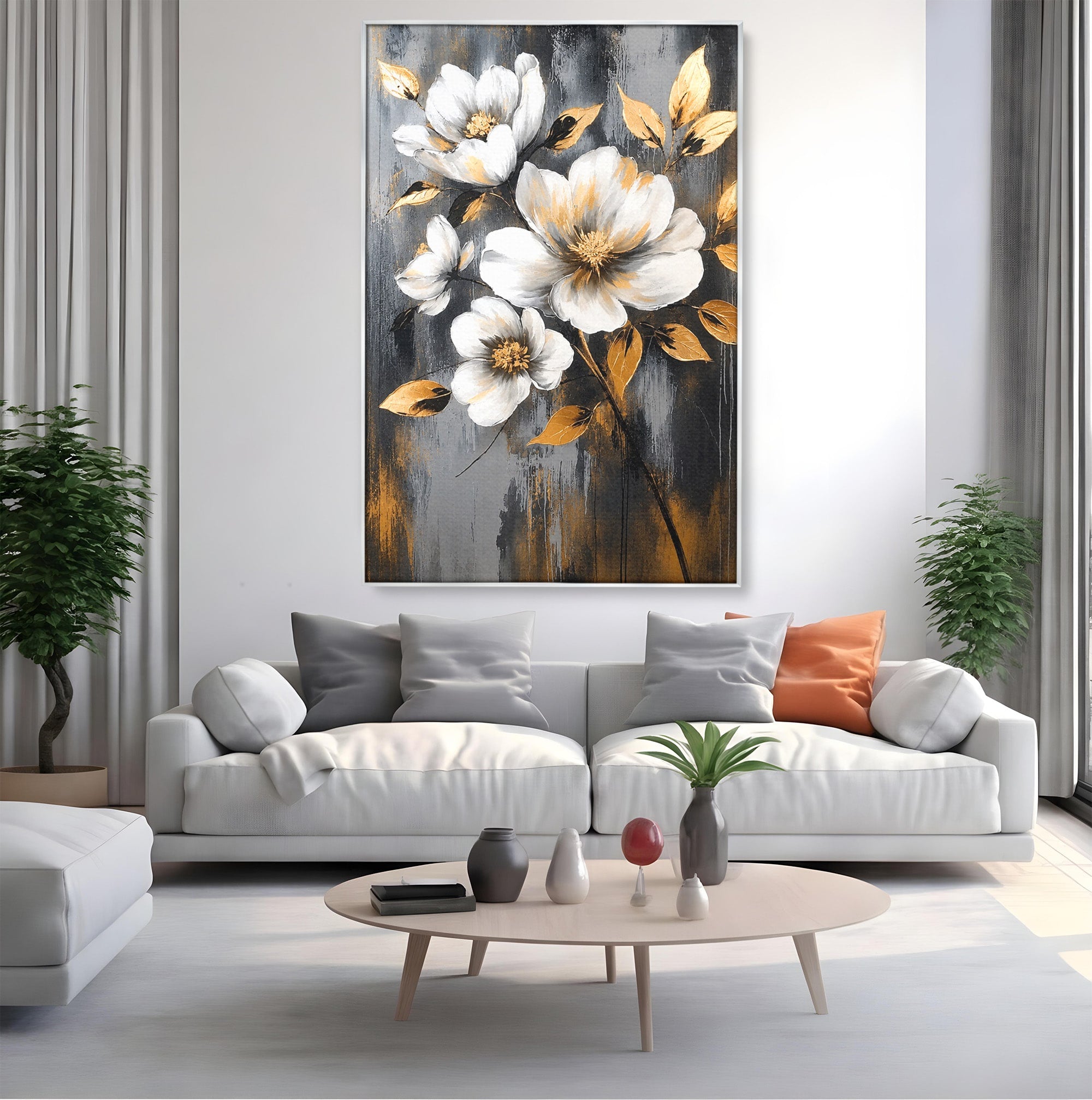 Tablou Canvas Premium LuxCanva® A1852, Flori Aurii Pe Fundal Gri, Flori, Auriu, Gri, Living, Dormitor, Culori Vibrante