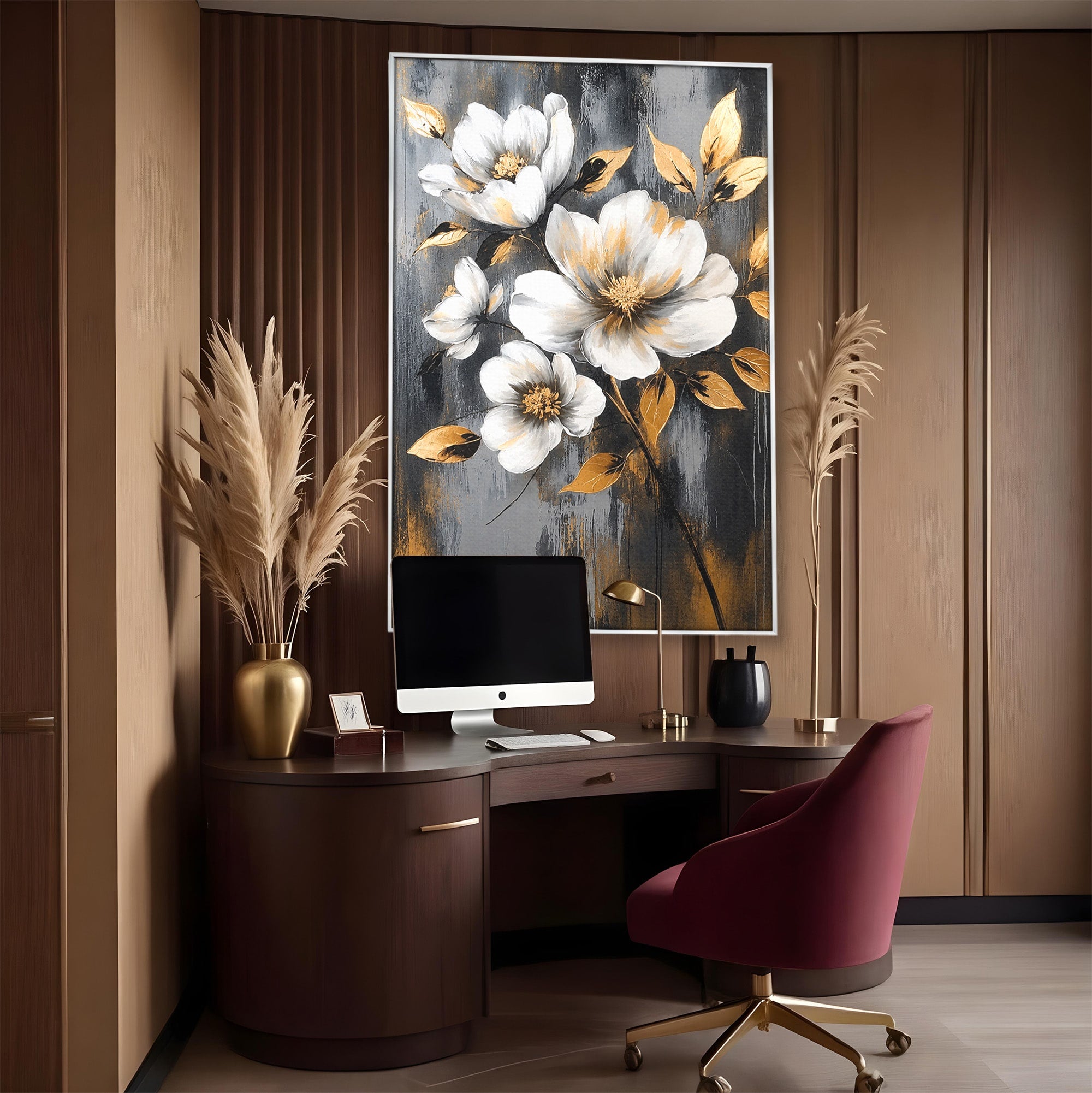 Tablou Canvas Premium LuxCanva® A1852, Flori Aurii Pe Fundal Gri, Flori, Auriu, Gri, Living, Dormitor, Culori Vibrante