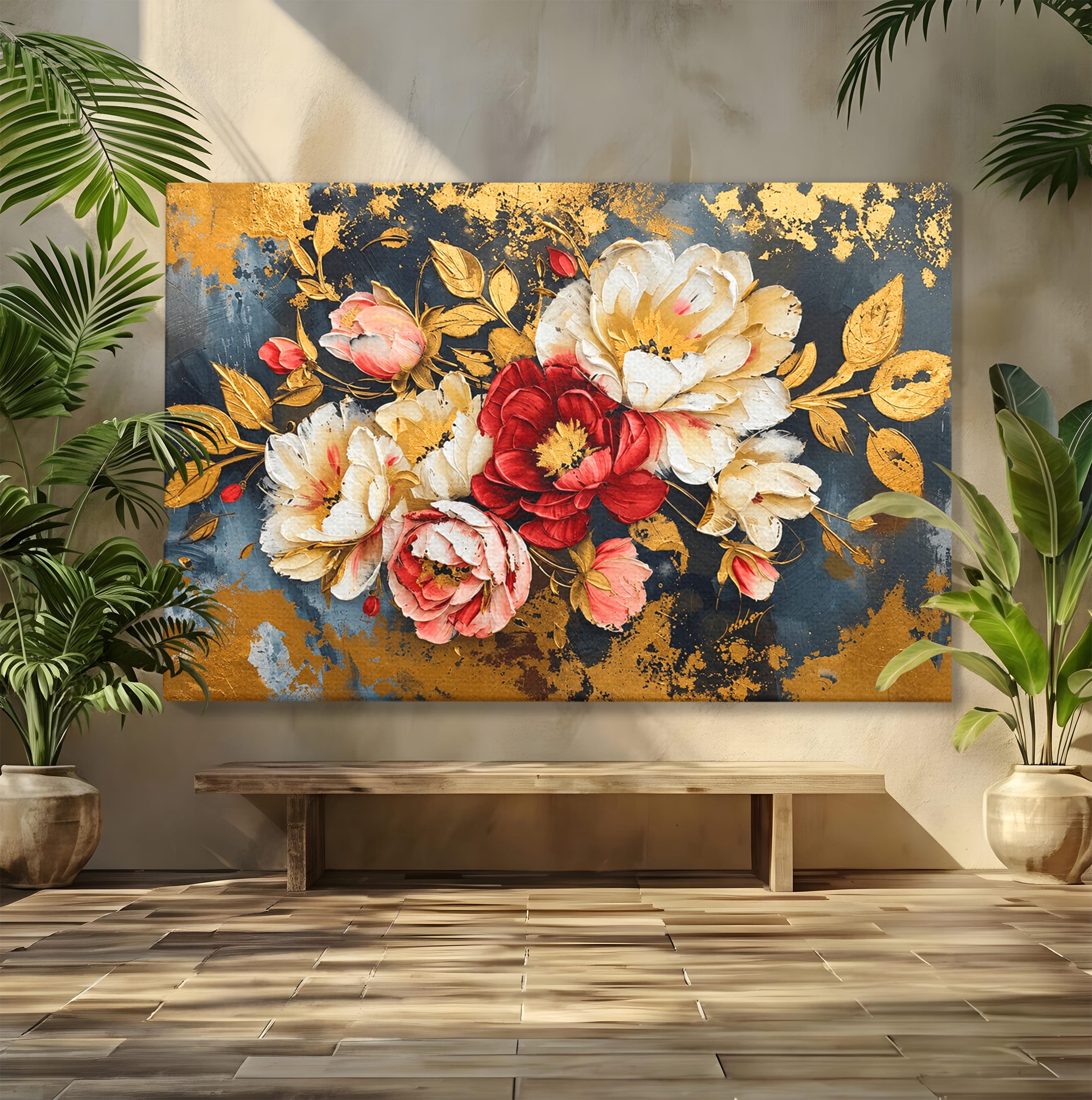 Tablou Canvas Premium LuxCanva® A1855, Flori Aurii Luxuriante, Flori, Auriu, Decor Elegant, Natura, Living, Dormitor, Culori Vibrante
