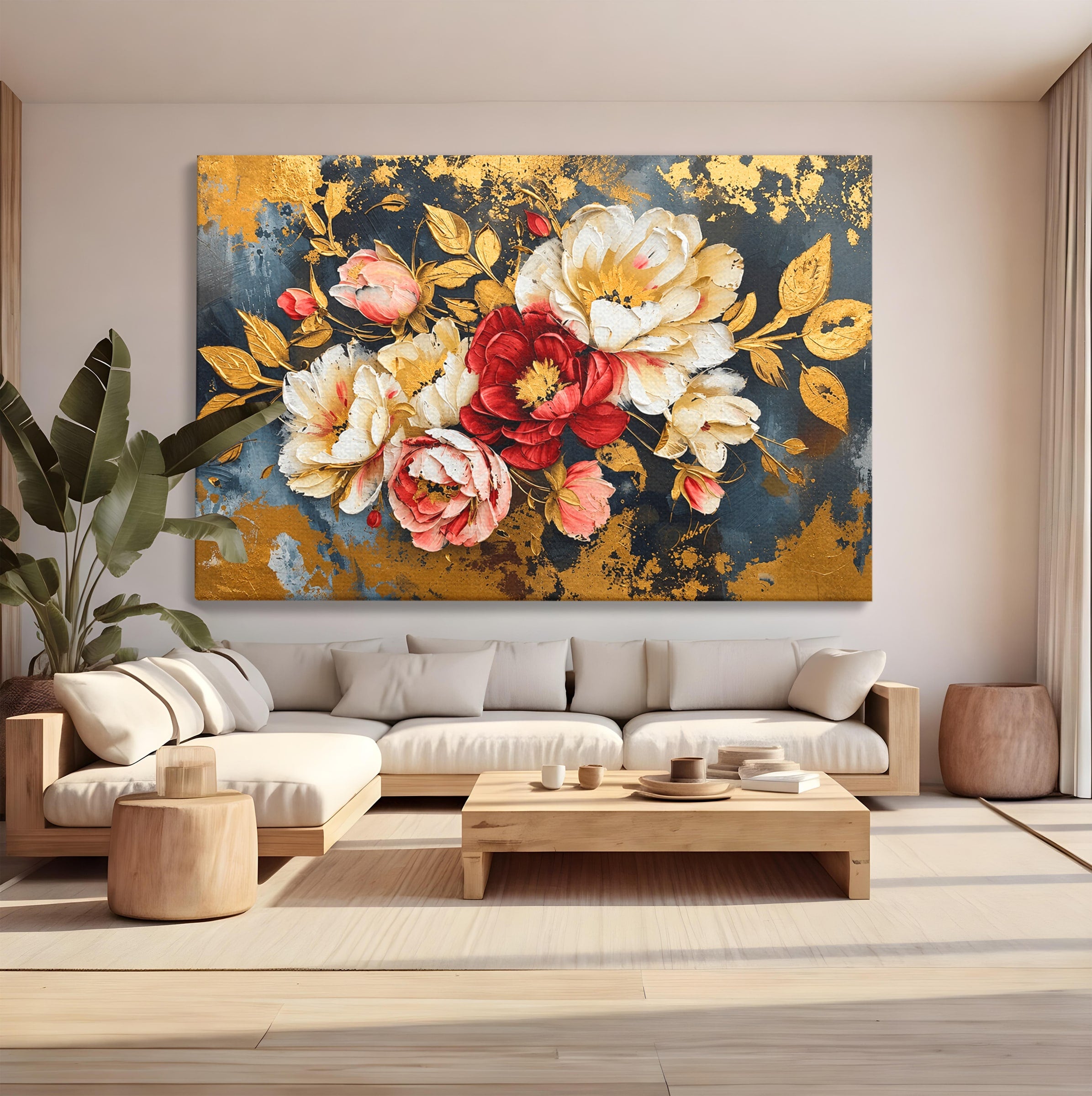 Tablou Canvas Premium LuxCanva® A1855, Flori Aurii Luxuriante, Flori, Auriu, Decor Elegant, Natura, Living, Dormitor, Culori Vibrante