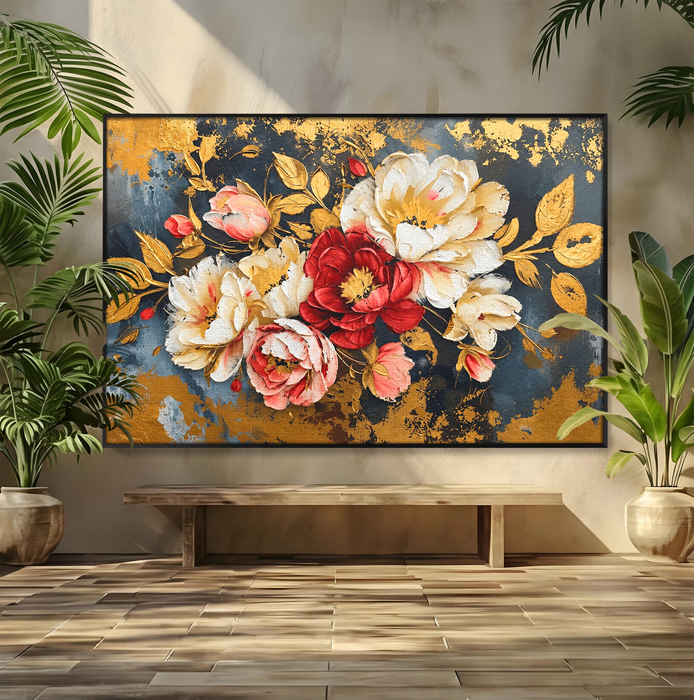 Tablou Canvas Premium LuxCanva® A1855, Flori Aurii Luxuriante, Flori, Auriu, Decor Elegant, Natura, Living, Dormitor, Culori Vibrante