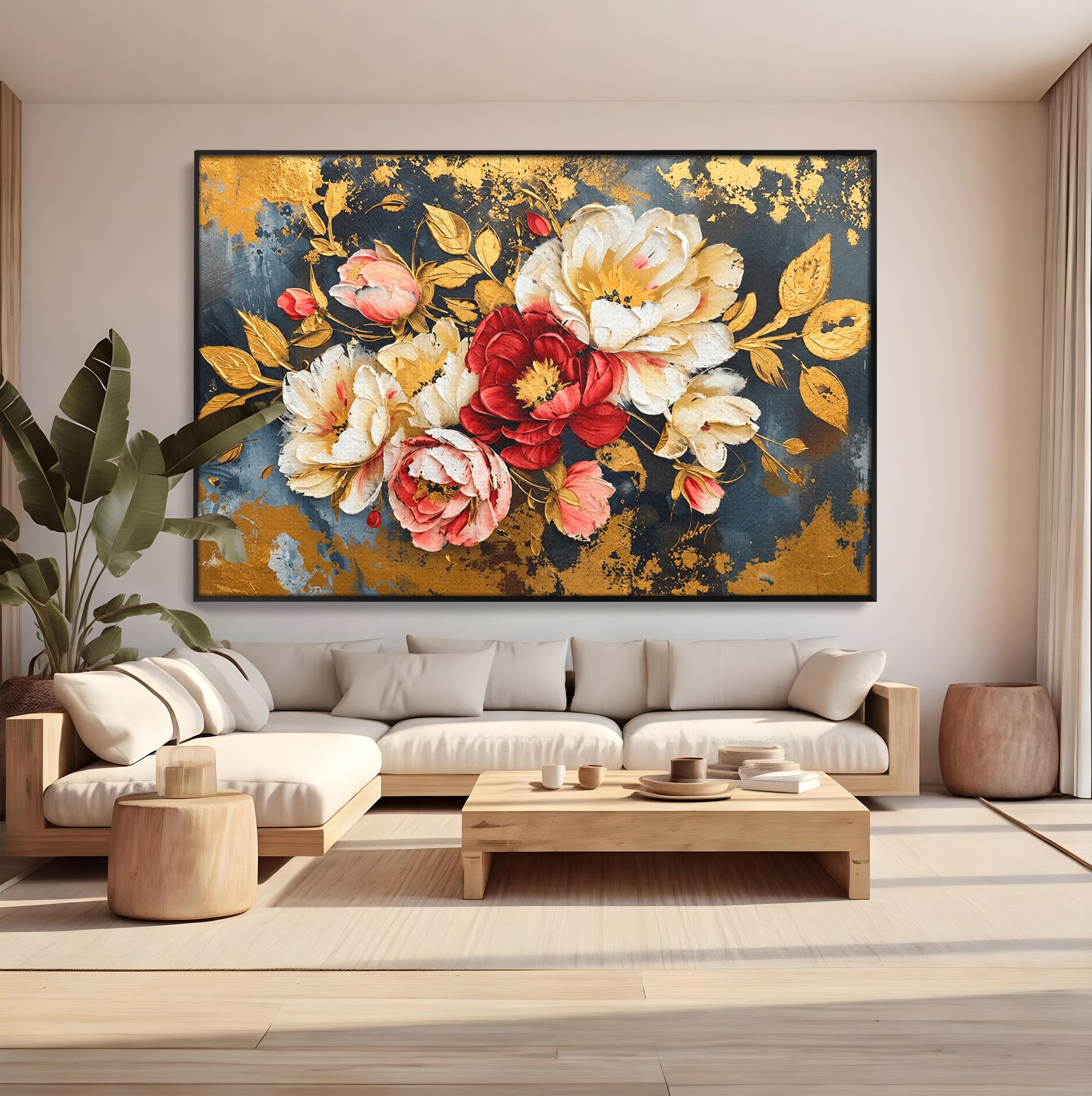 Tablou Canvas Premium LuxCanva® A1855, Flori Aurii Luxuriante, Flori, Auriu, Decor Elegant, Natura, Living, Dormitor, Culori Vibrante