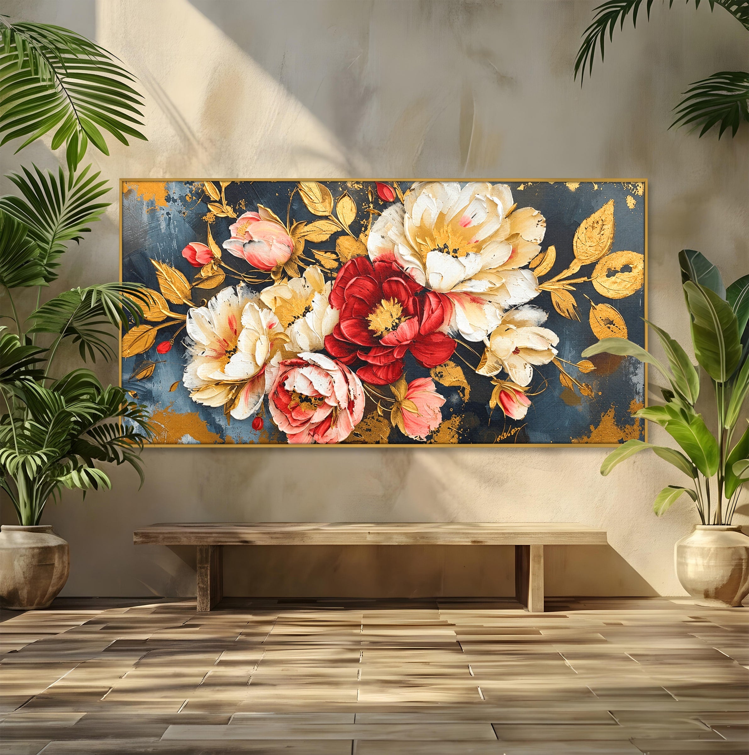 Tablou Canvas Premium LuxCanva® A1855, Flori Aurii Luxuriante, Flori, Auriu, Decor Elegant, Natura, Living, Dormitor, Culori Vibrante