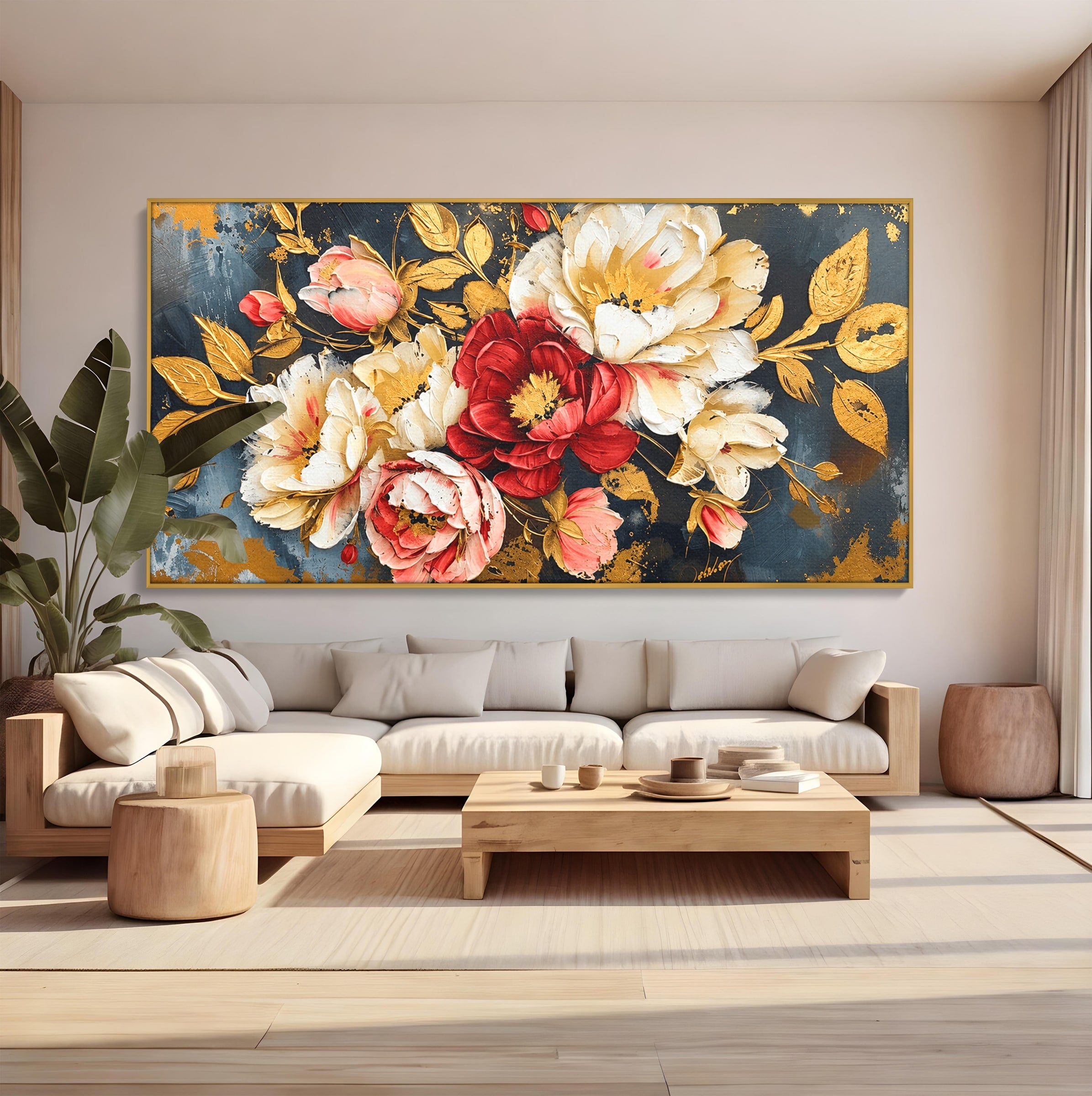 Tablou Canvas Premium LuxCanva® A1855, Flori Aurii Luxuriante, Flori, Auriu, Decor Elegant, Natura, Living, Dormitor, Culori Vibrante