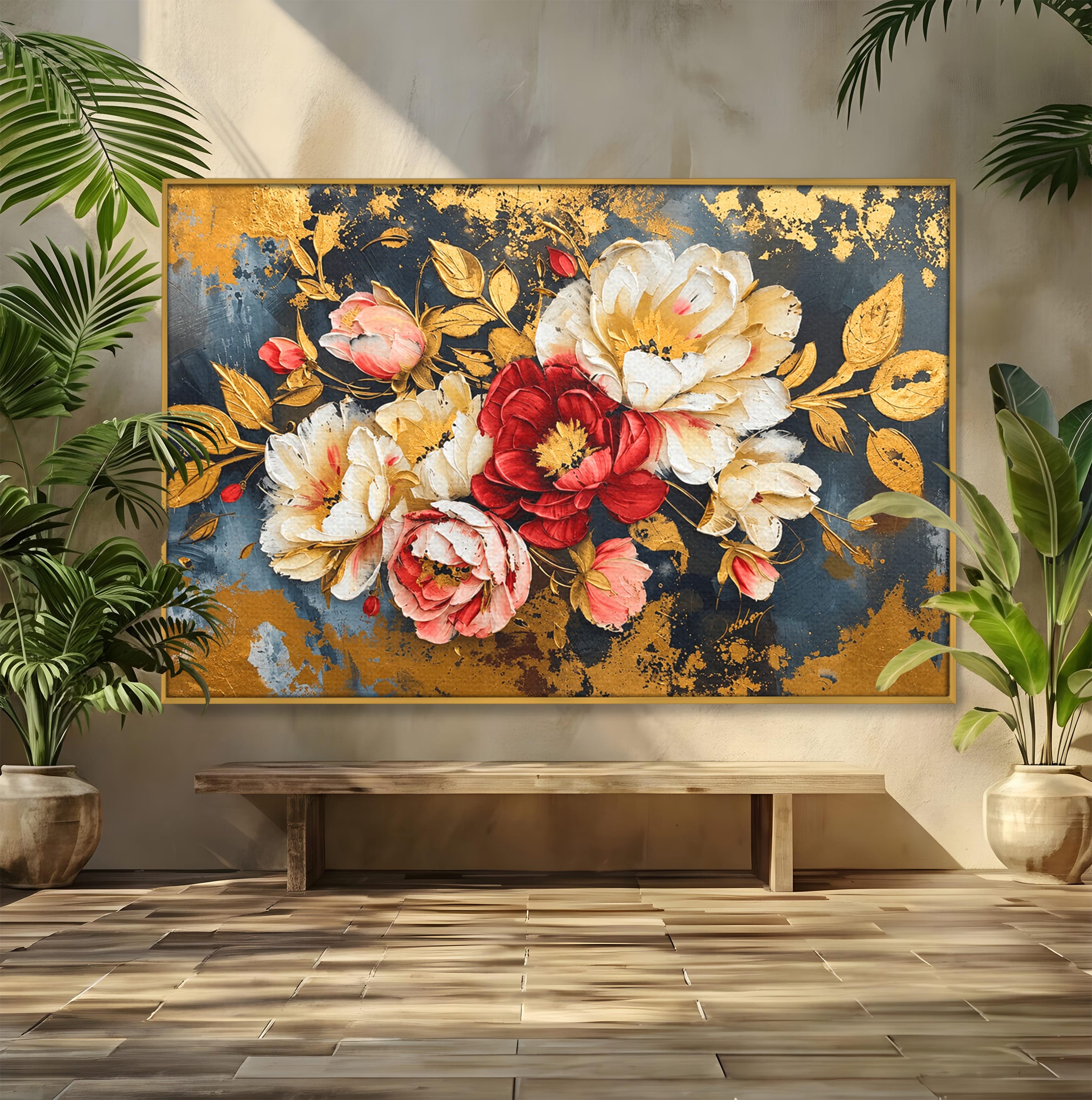 Tablou Canvas Premium LuxCanva® A1855, Flori Aurii Luxuriante, Flori, Auriu, Decor Elegant, Natura, Living, Dormitor, Culori Vibrante