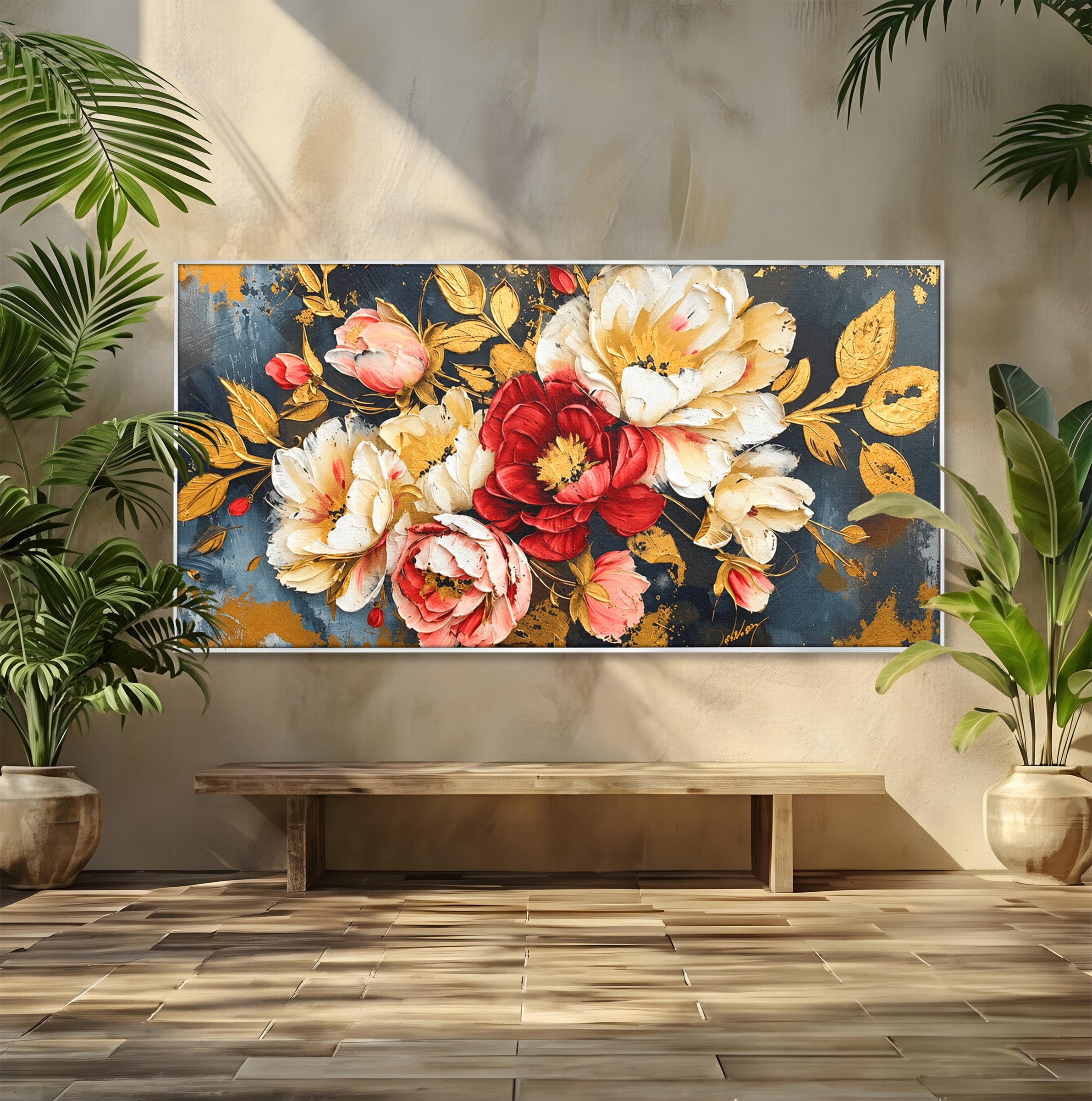 Tablou Canvas Premium LuxCanva® A1855, Flori Aurii Luxuriante, Flori, Auriu, Decor Elegant, Natura, Living, Dormitor, Culori Vibrante