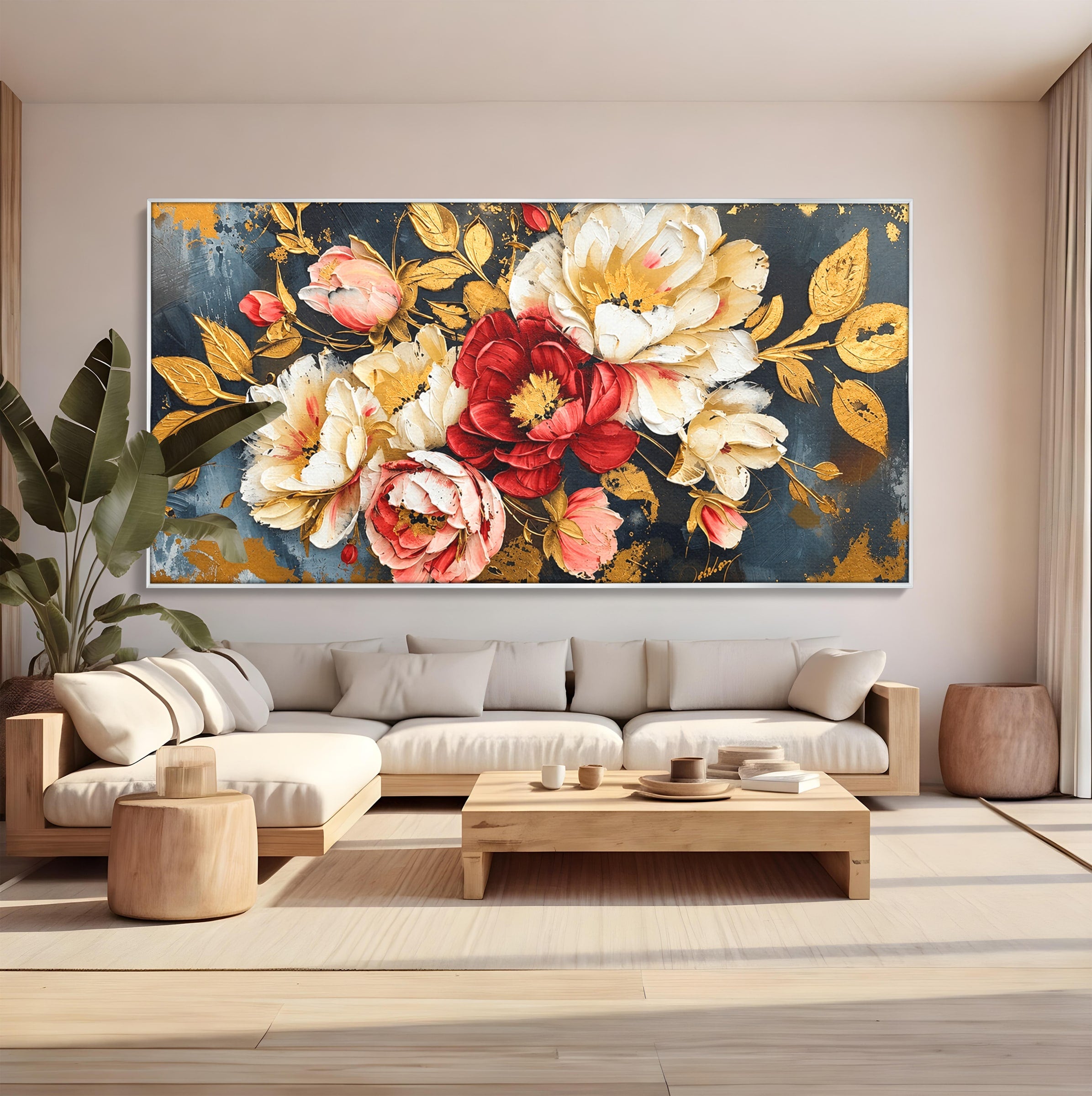 Tablou Canvas Premium LuxCanva® A1855, Flori Aurii Luxuriante, Flori, Auriu, Decor Elegant, Natura, Living, Dormitor, Culori Vibrante