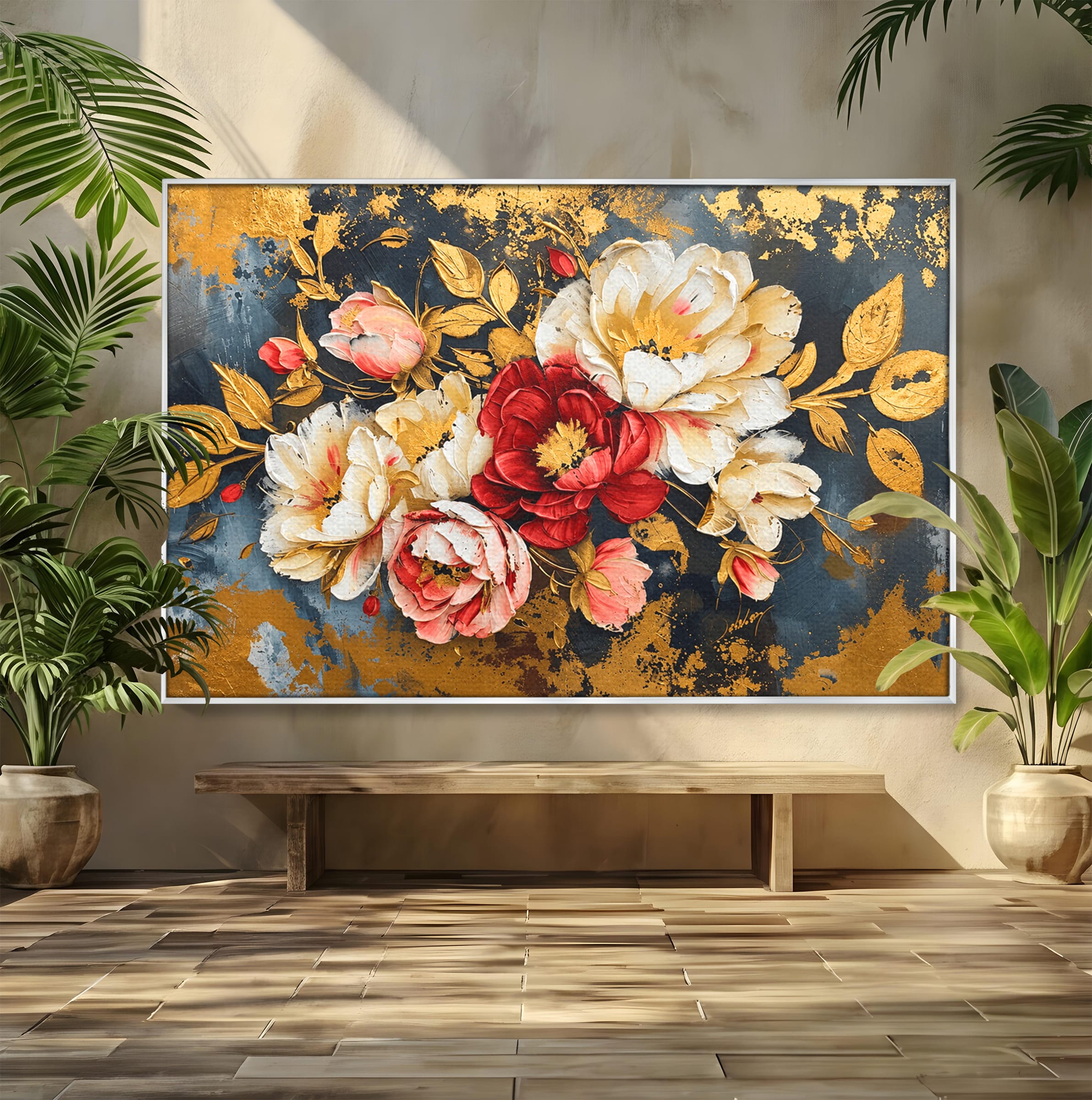 Tablou Canvas Premium LuxCanva® A1855, Flori Aurii Luxuriante, Flori, Auriu, Decor Elegant, Natura, Living, Dormitor, Culori Vibrante