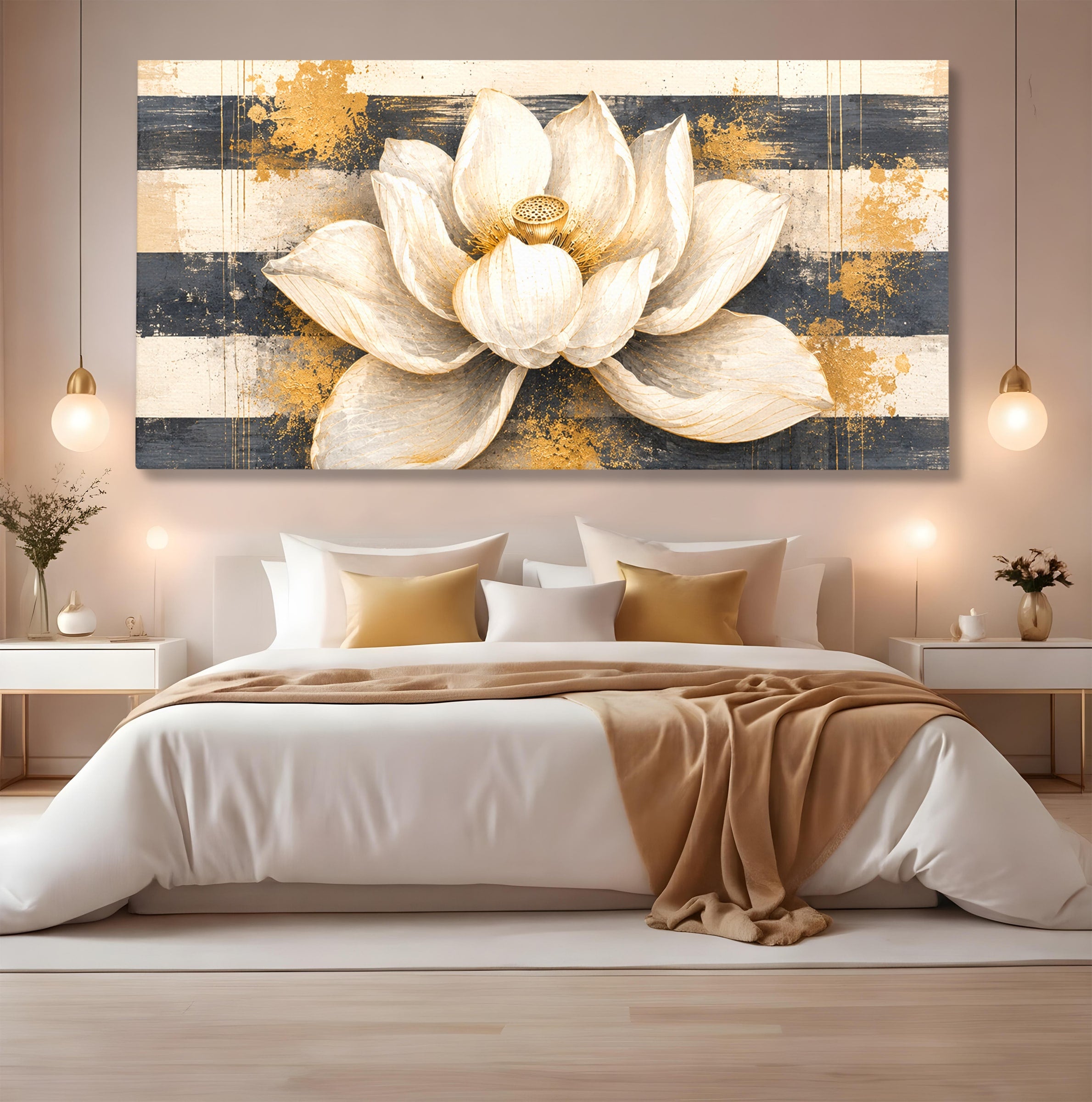Tablou Canvas Premium LuxCanva® A1857, Floare De Lotus Aurie, Floare, Lotus, Abstract, Eleganta, Dormitor, Living, Culori Vibrante