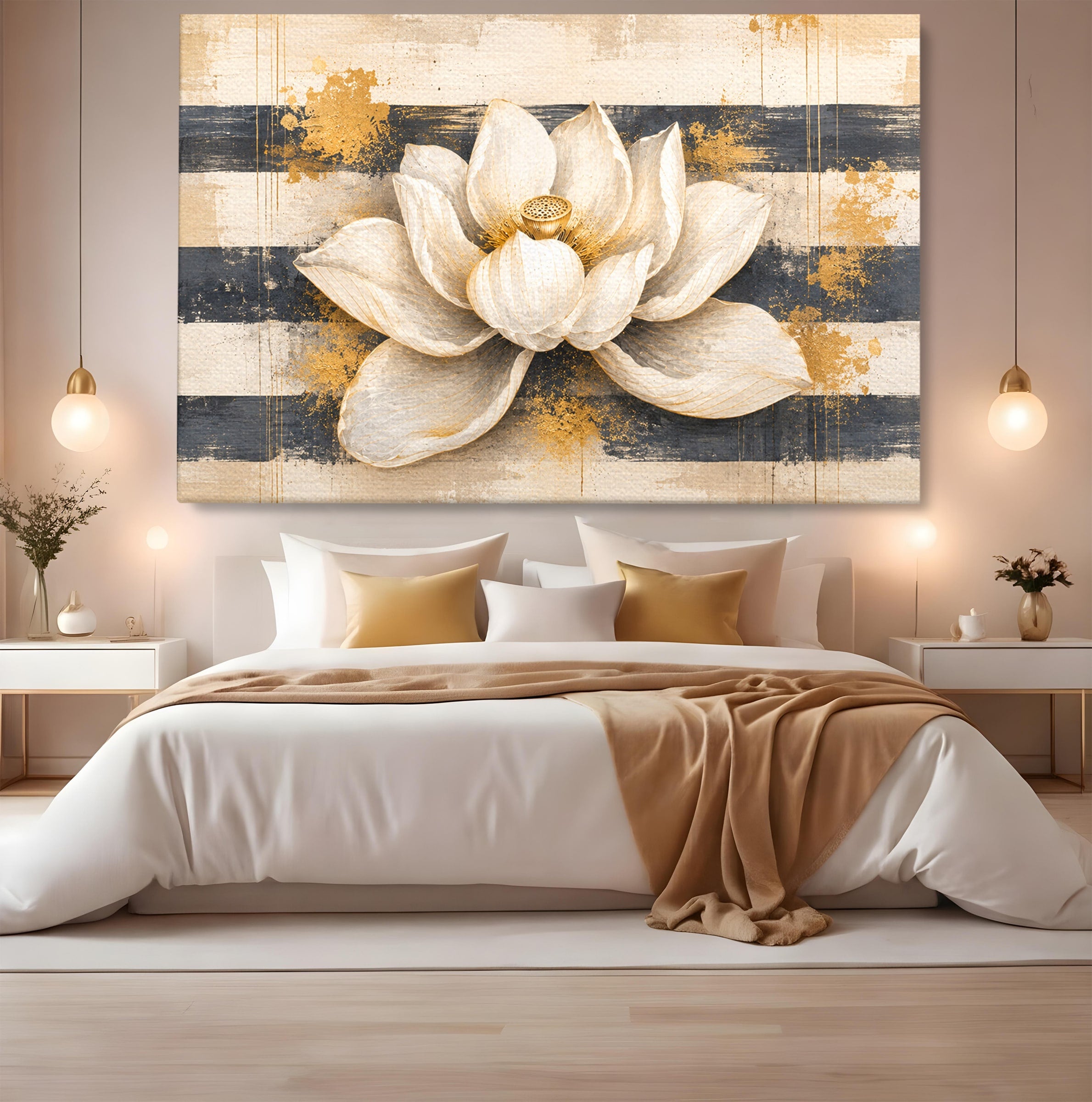 Tablou Canvas Premium LuxCanva® A1857, Floare De Lotus Aurie, Floare, Lotus, Abstract, Eleganta, Dormitor, Living, Culori Vibrante