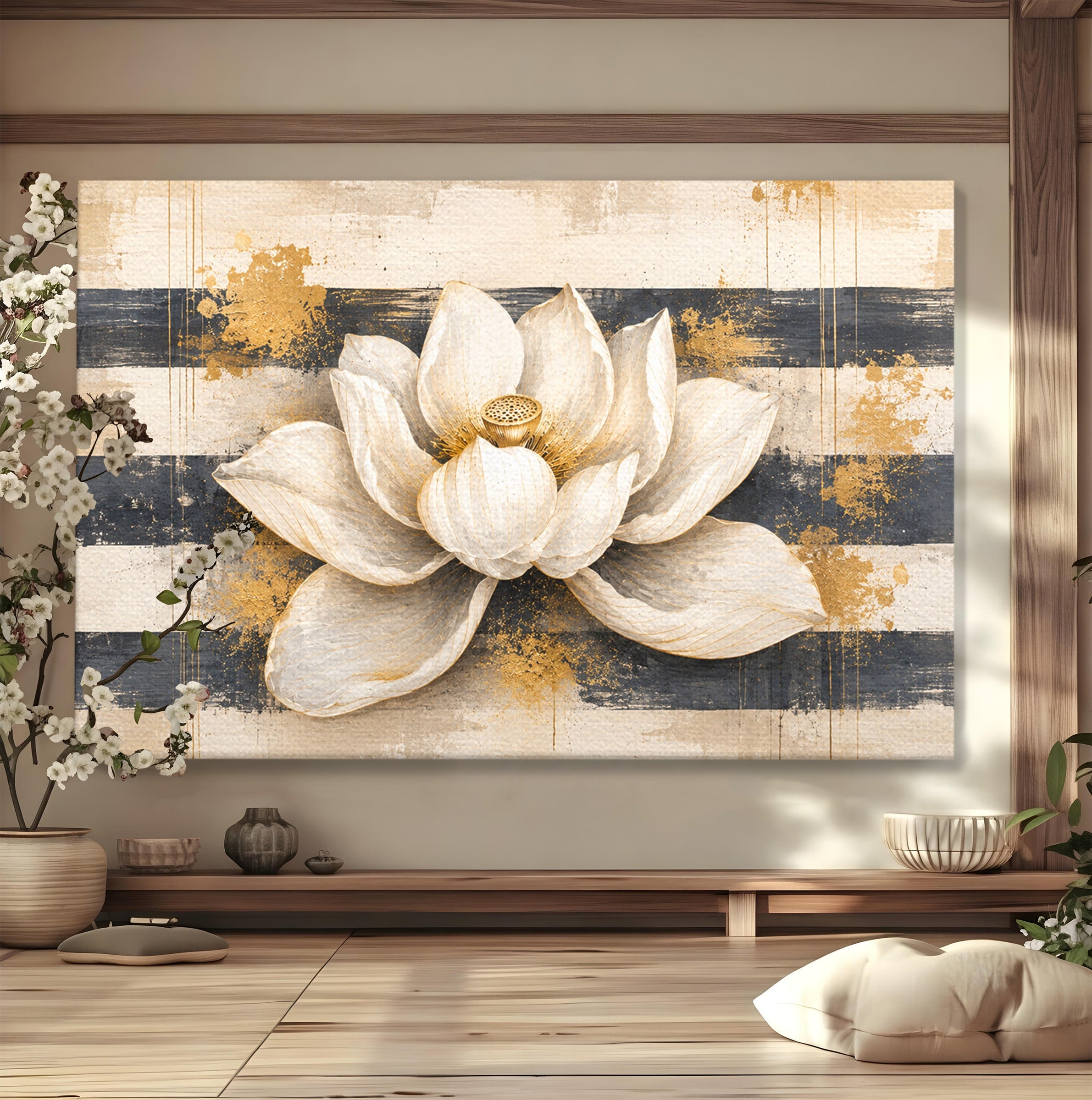Tablou Canvas Premium LuxCanva® A1857, Floare De Lotus Aurie, Floare, Lotus, Abstract, Eleganta, Dormitor, Living, Culori Vibrante