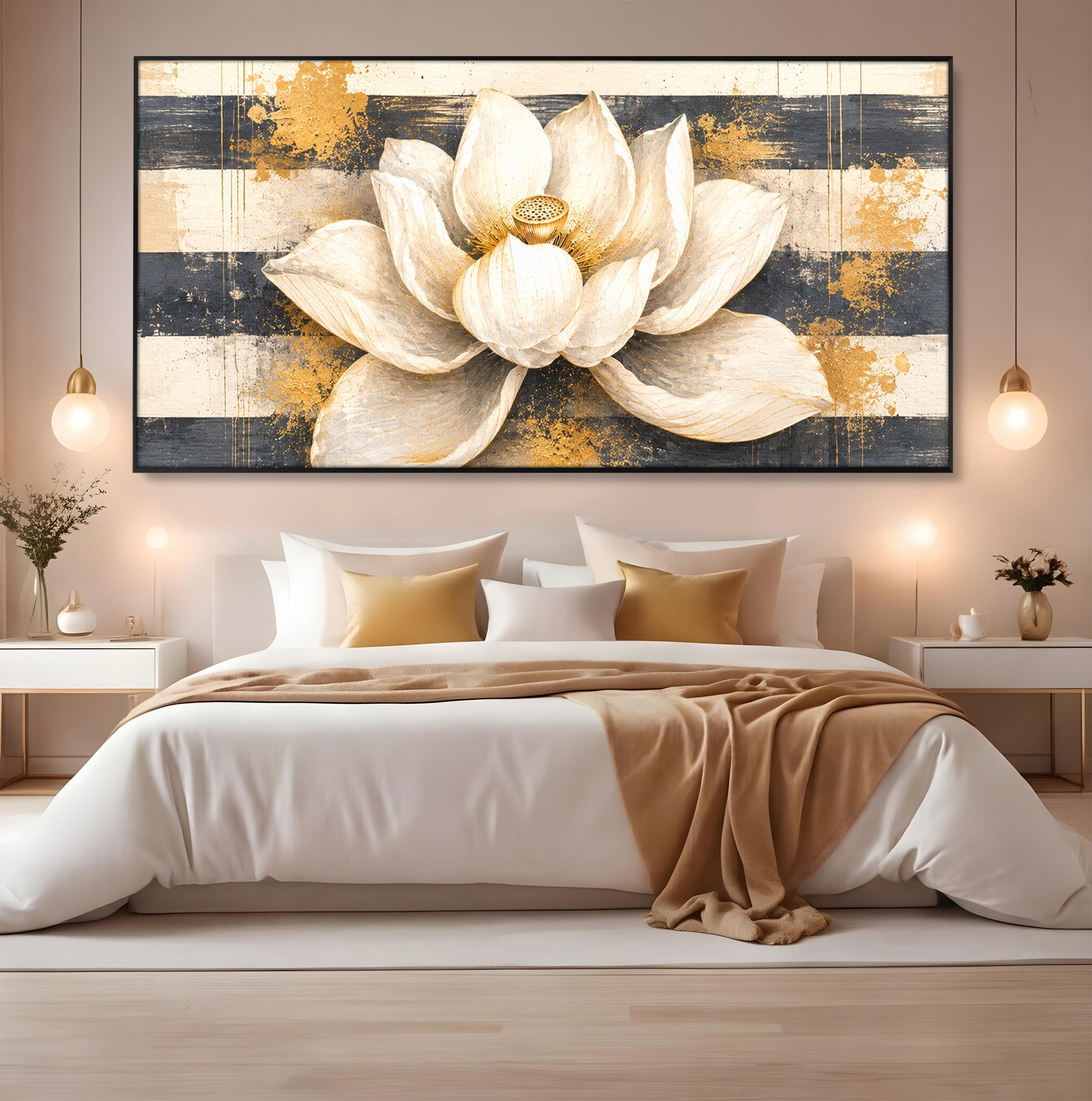 Tablou Canvas Premium LuxCanva® A1857, Floare De Lotus Aurie, Floare, Lotus, Abstract, Eleganta, Dormitor, Living, Culori Vibrante